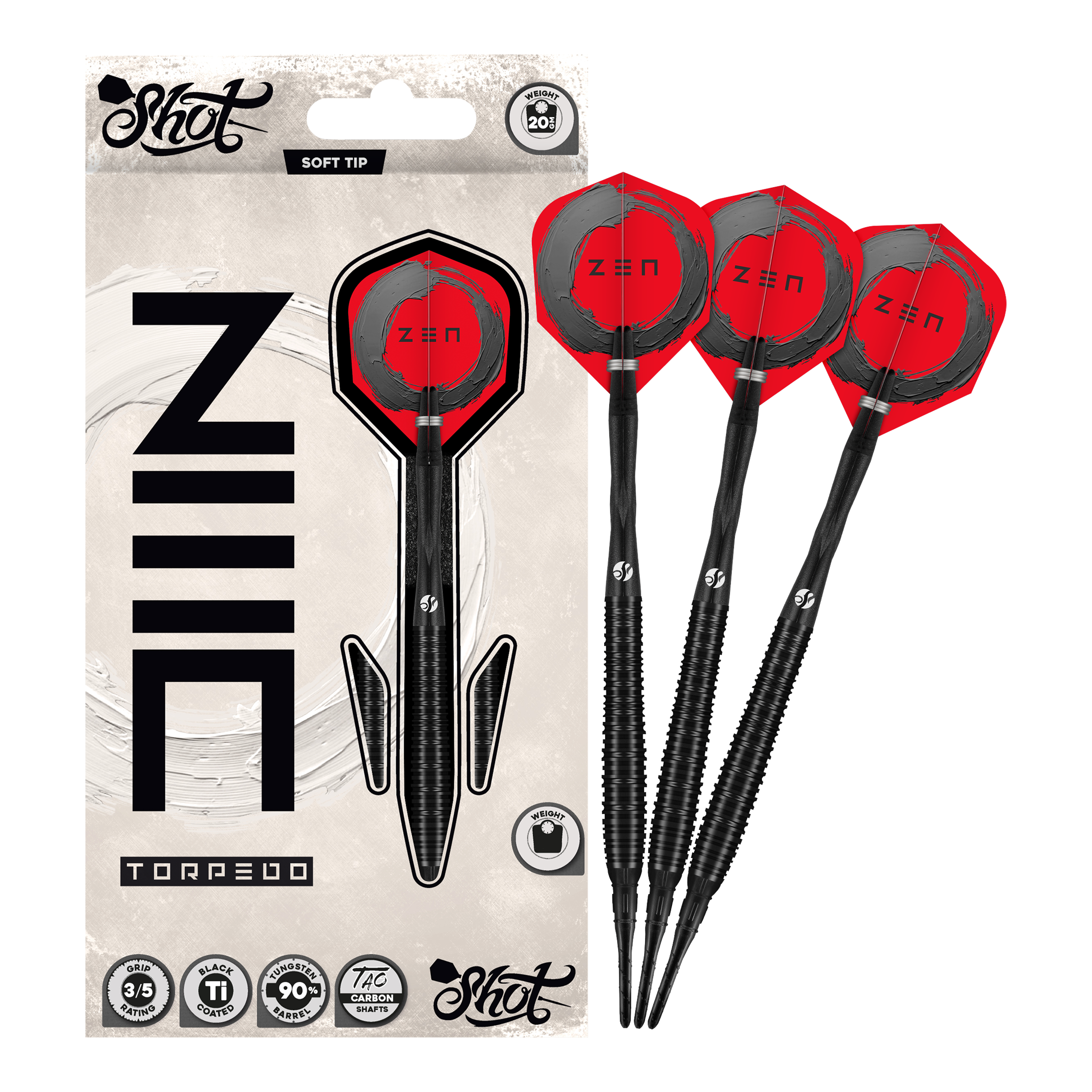Fléchettes souples Shot ZEN Torpedo - 20 g Abgebildet sind die Shot ZEN Torpedo Softdarts - 20g in voller Länge. Der Dart ist für Präzision Wurftechnik bekannt.