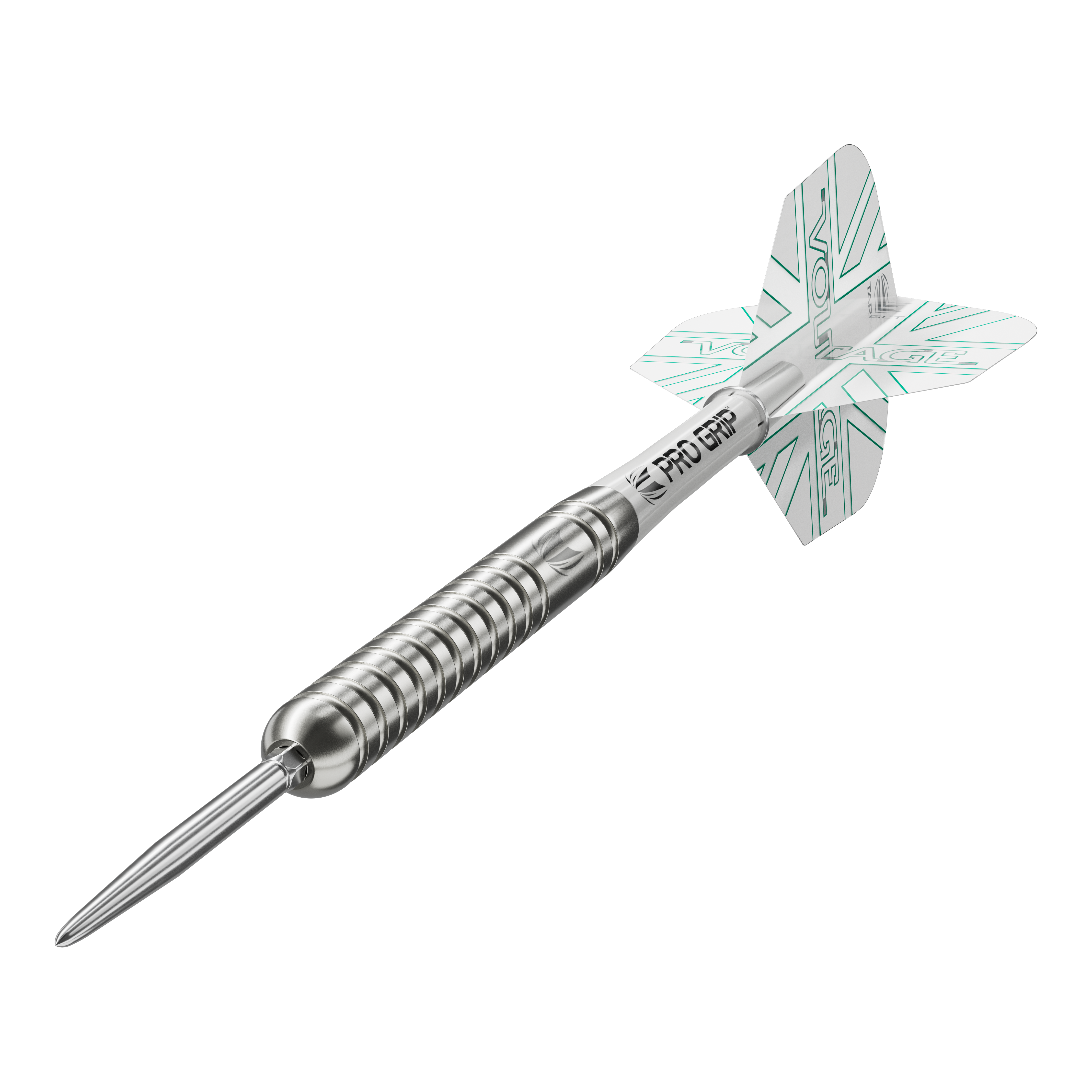 Fléchettes en acier Target Rob Cross Voltage Swiss Point à pointes suisses Das Bild zeigt einen Target Rob Cross Voltage Swiss Point Steeldart. Der Dartpfeil ist silbern und hat weiße Flights mit grünen Akzenten.