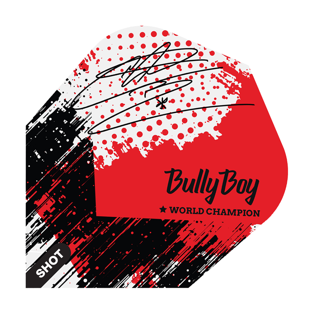 Shot Michael Smith Bully Boy Jour de match n°6 Vols Das Bild zeigt ein Dart-Flight mit einem modernen, rot-schwarzen Design und einem Autogramm. Auf dem Flight steht "Bully Boy" und "World Champion" sowie das Markenlogo "Shot".