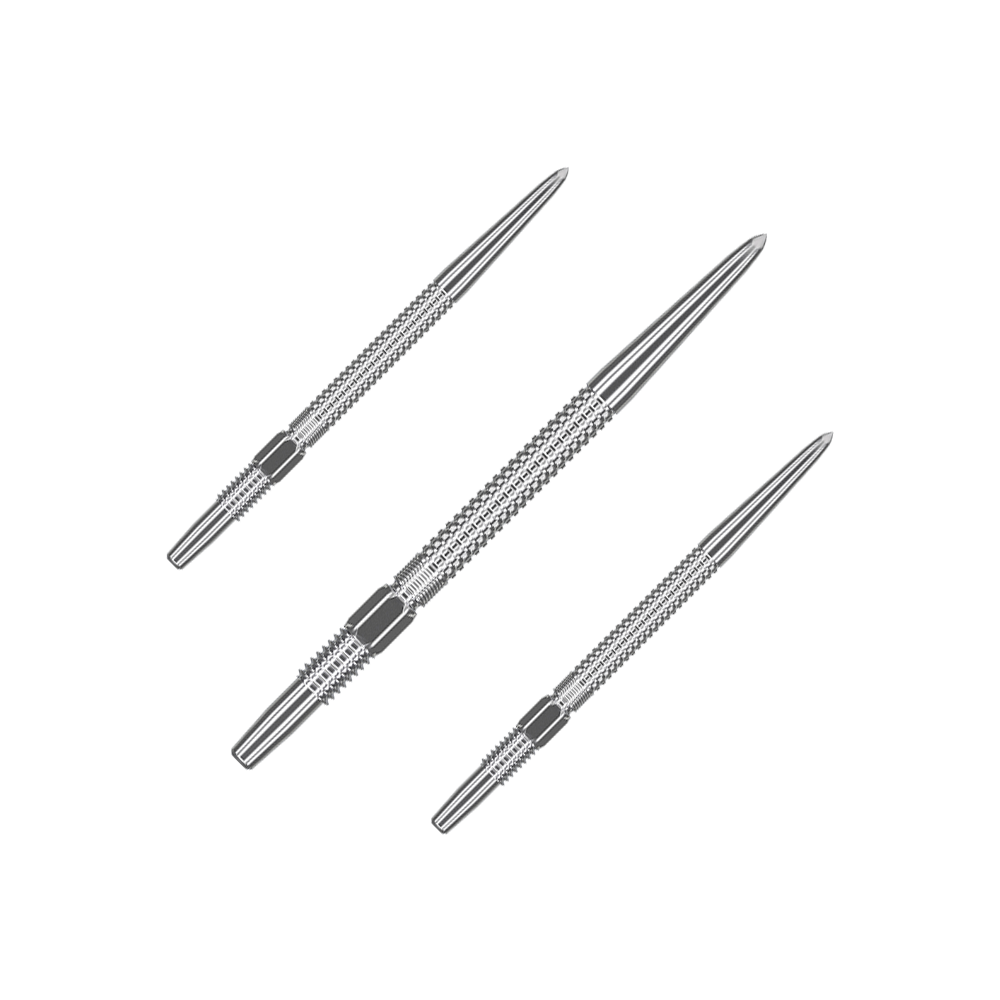 Pointes de fléchettes Target Swiss Point GRD Silver Das Bild zeigt drei silberne Dartspitzen des Produkts "Target Swiss Point GRD Silver Dartspitzen". Sie sind schlank, aus Metall gefertigt und haben eine strukturierte Oberfläche für besseren Halt.
