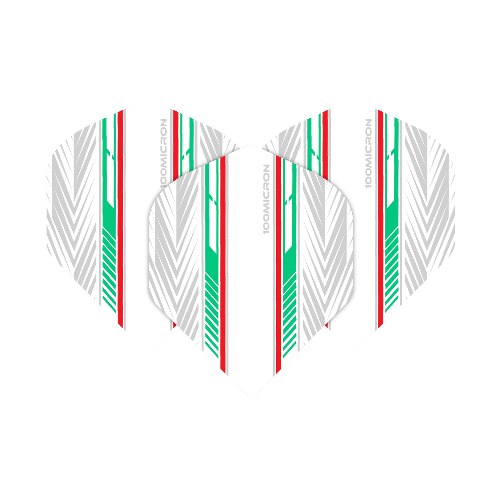 Vols de Pentathlon blanc/vert/rouge Das Bild zeigt die "Pentathlon White Green Red No2 Standard Flights" für Dartpfeile. Die Flights sind weiß mit auffälligen grünen, roten und silbernen Streifen gestaltet.