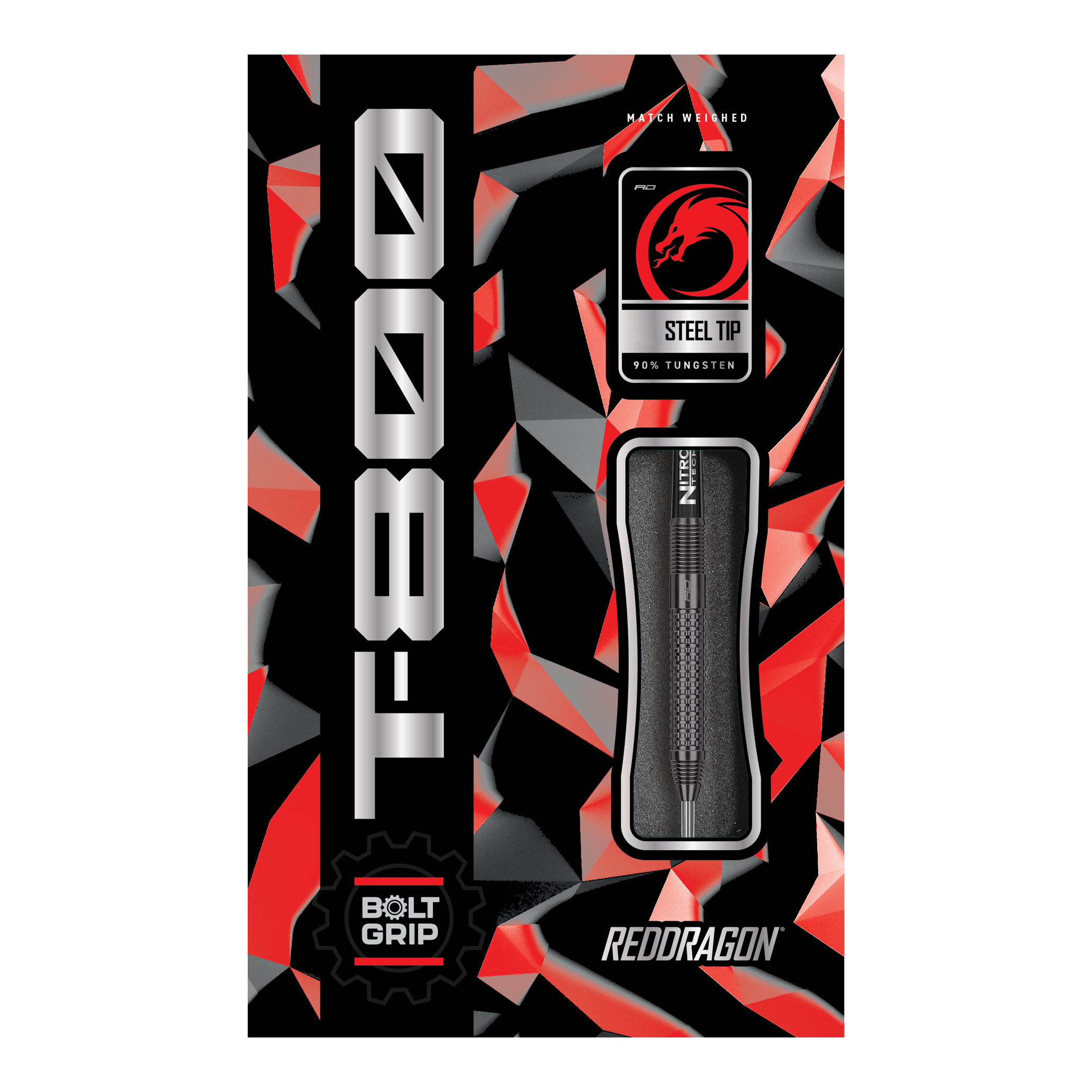 Fléchettes en acier Red Dragon T-800 Die Abbildung zeigt die Verpackung der Red Dragon T-800 Steeldarts. Das Design ist schwarz mit roten und silbernen Akzenten, und der Dartpfeil ist in der Mitte sichtbar.