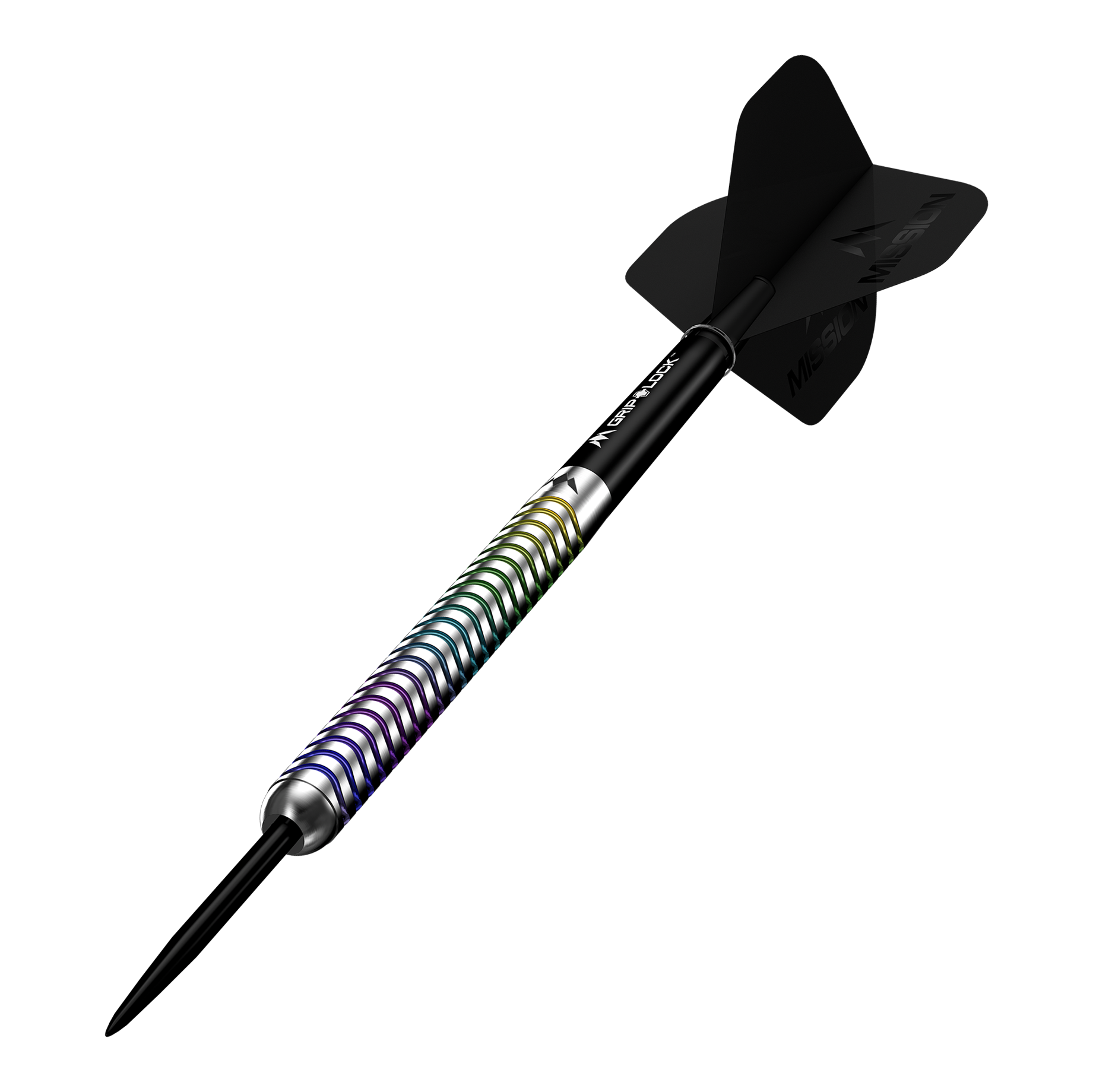 Fléchettes en acier Mission Mirage Mission Mirage Steeldarts sind Profi-Darts für anspruchsvolle Spieler. Die Abbildung präsentiert das Set aus mehreren Perspektiven.
