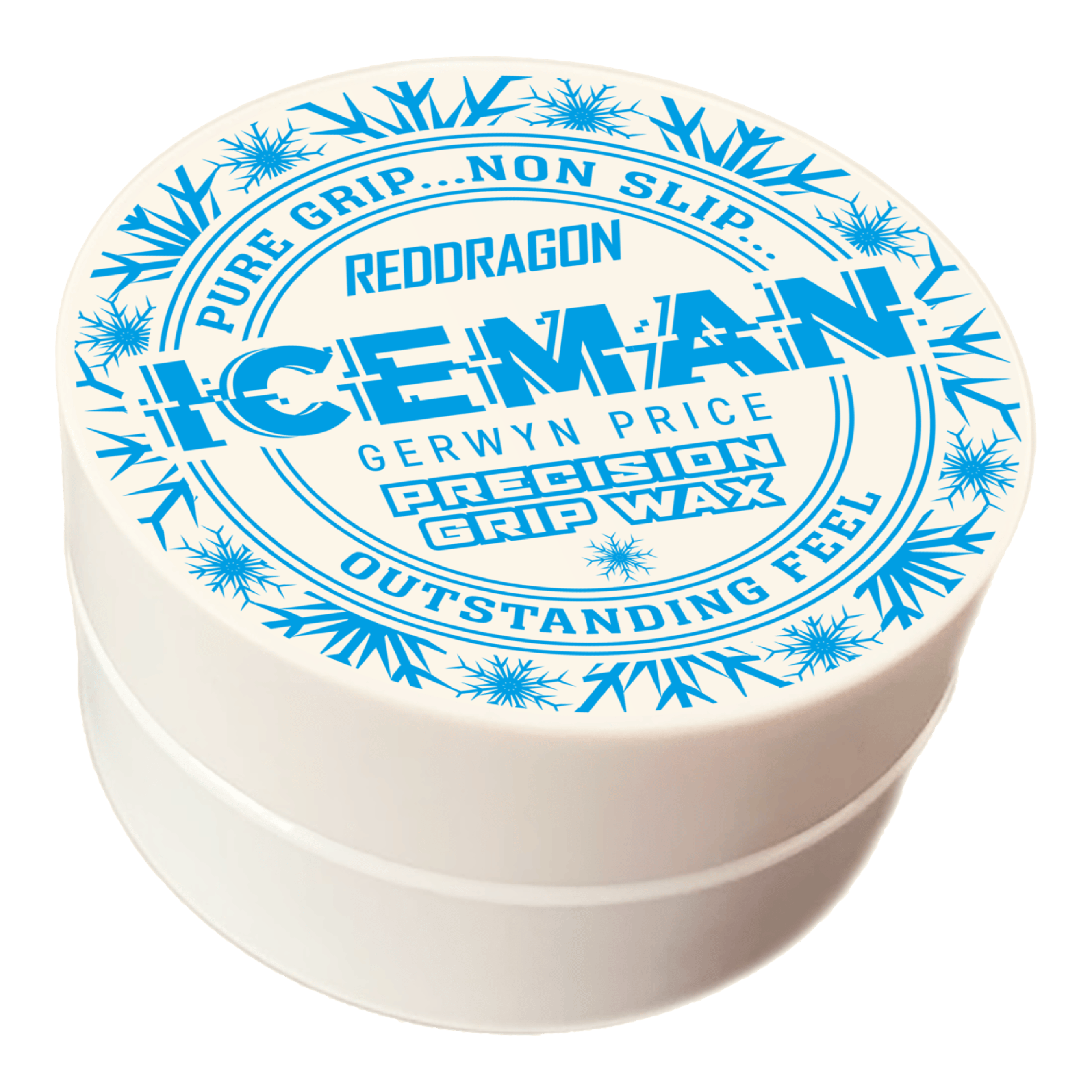 Cire pour les doigts Red Dragon Gerwyn Price Iceman Precision Grip Wax Das Bild zeigt eine weiße Dose mit der Aufschrift „Red Dragon Gerwyn Price Iceman Precision Grip Wax“. Auf dem Deckel sind blaue Schneeflocken und Werbeslogans wie „Pure Grip… Non Slip… Outstanding Feel“ abgebildet.