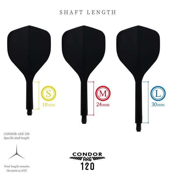 Condor Axe 120 Flight-System Clear Purple - Standard Das Bild zeigt das Produkt "Condor Axe 120 Flight-System Black - Standard" in drei verschiedenen Schaftlängen. Die Größen sind S (18 mm), M (24 mm) und L (30 mm).