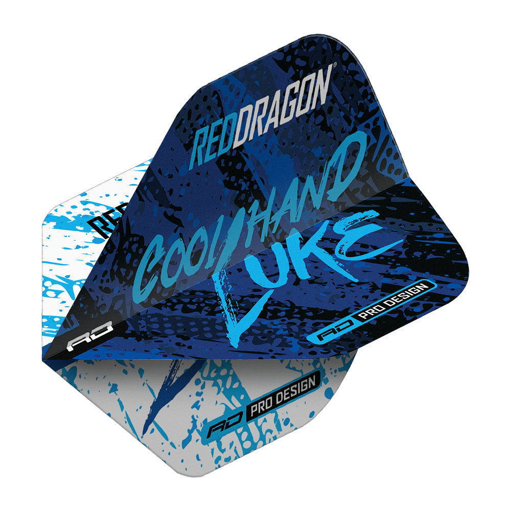 Dragon Rouge Luke Humphries Champion du Monde Bleu Blanc Yin Yang Vols Standards Das Bild zeigt ein Dart-Flight im Design "Red Dragon Luke Humphries World Champion Blue White Yin Yang Standard Flights". Auf dem Flight stehen die Worte "Cool Hand Luke" in blauer Schrift auf einem blau-weißen Hintergrund.