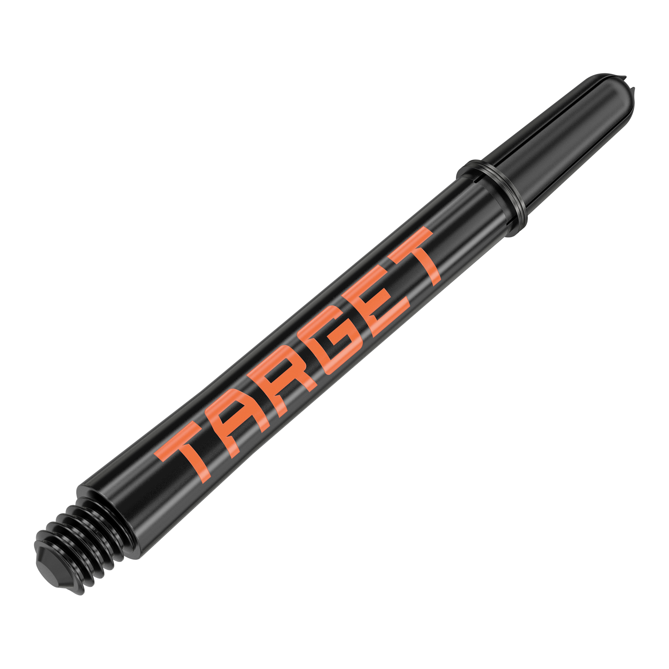 Tiges Target Pro Grip TAG - 3 jeux - Noir Orange Das Bild zeigt einen schwarzen Dart-Schaft mit orangener Aufschrift "TARGET". Der Schaft hat eine Länge von 48 mm und ist für den Dartsport geeignet.