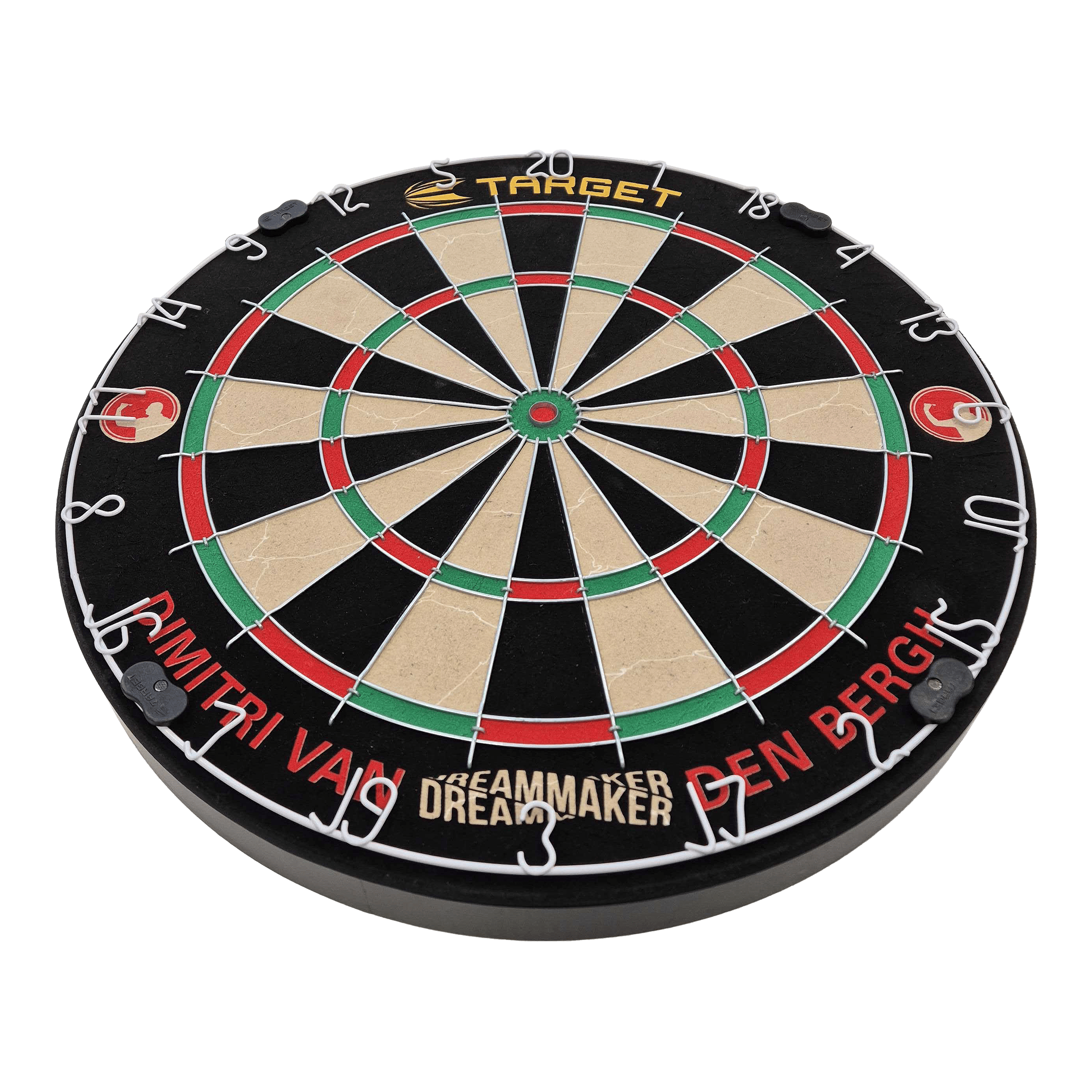 Jeu de fléchettes en acier Target Dimitri Van Den Bergh Das Bild zeigt eine Steeldart-Scheibe mit farbigen Feldern und Metallabtrennungen. Am Rand steht der Name "Dimitri Van Den Bergh" sowie der Schriftzug "Dreammaker".