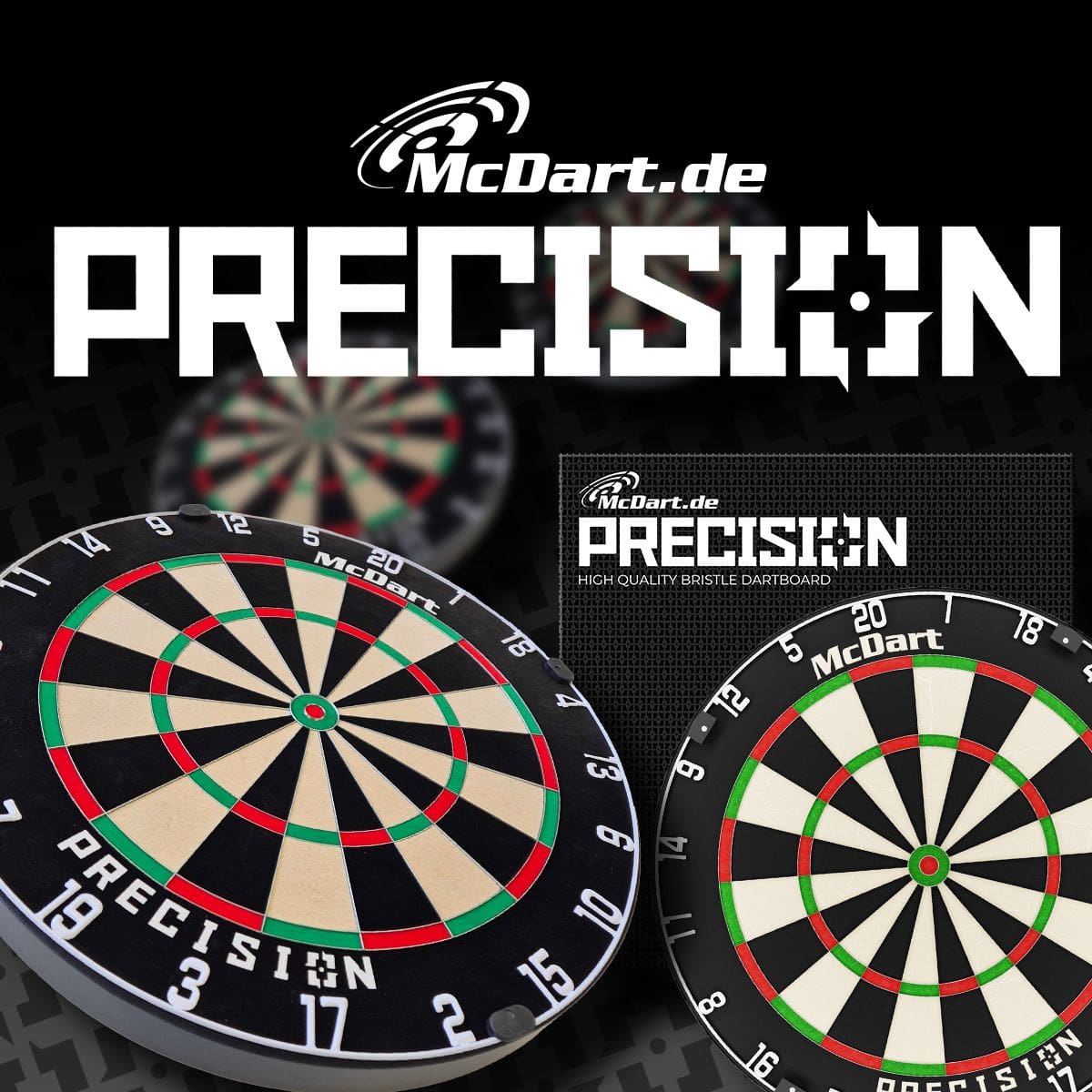 Das Bild zeigt das Produkt „McDart Precision Steeldartboard“ mit mehreren abgebildeten Dartboards. Im Hintergrund ist der Markenname und das Wort „PRECISION“ groß angezeigt.