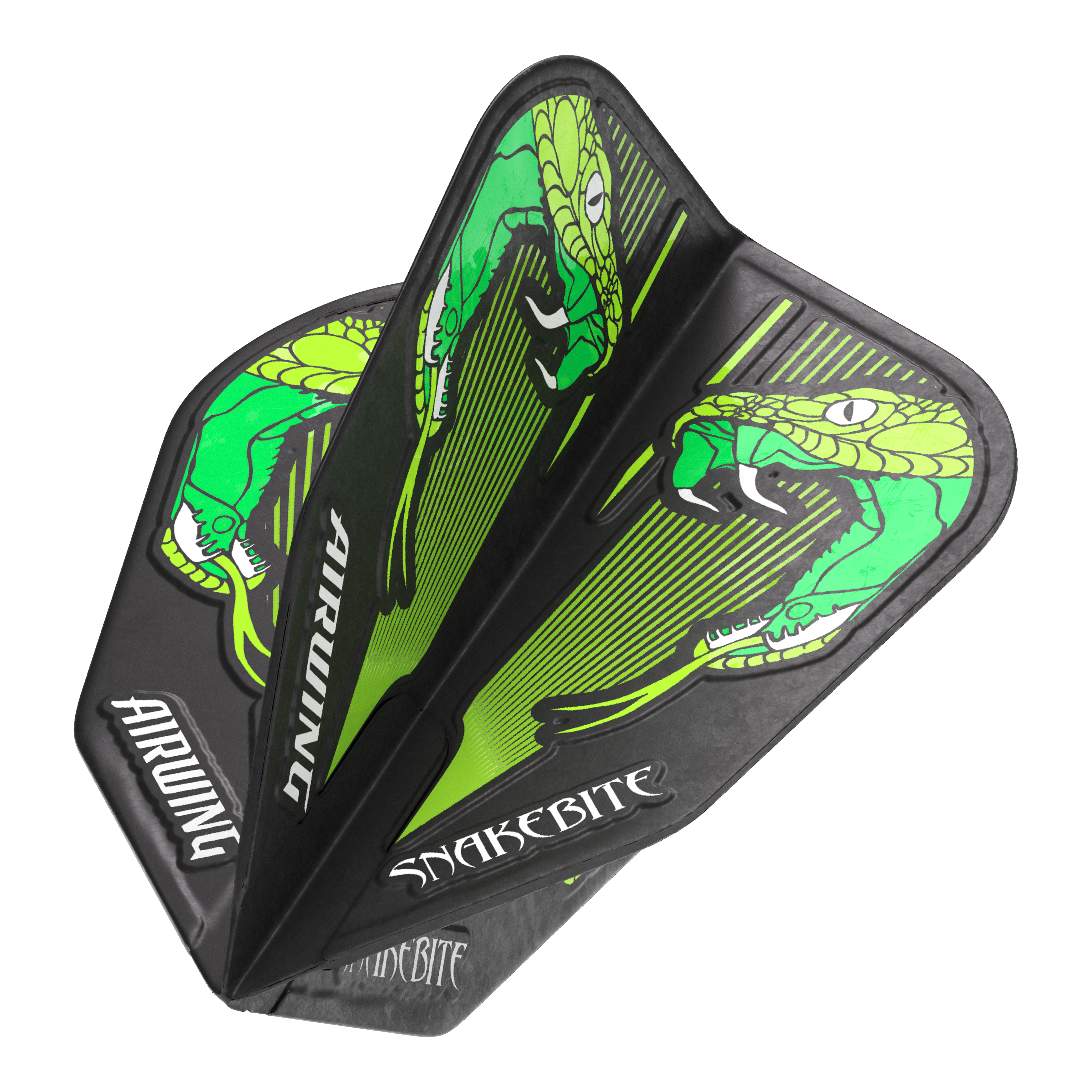 Vols Red Dragon Airwing Peter Wright Green V-Standard Das Bild zeigt die "Red Dragon Airwing Peter Wright Green V-Standard Flights" mit einem grünen Schlangenmuster. Auf den Flights stehen die Wörter "Airwing" und "Snakebite".