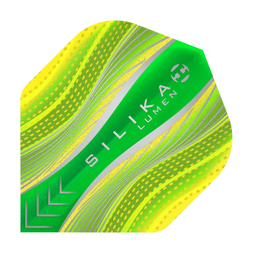 HR79_Harrows_Silika_Lumen_Yellow_No2_Standard_Flights_1 Das Bild zeigt das Produkt "Harrows Silika Lumen Yellow No2 Standard Flights". Es ist ein Dartflight mit leuchtend gelben und grünen Farben sowie silbernen Akzenten.
