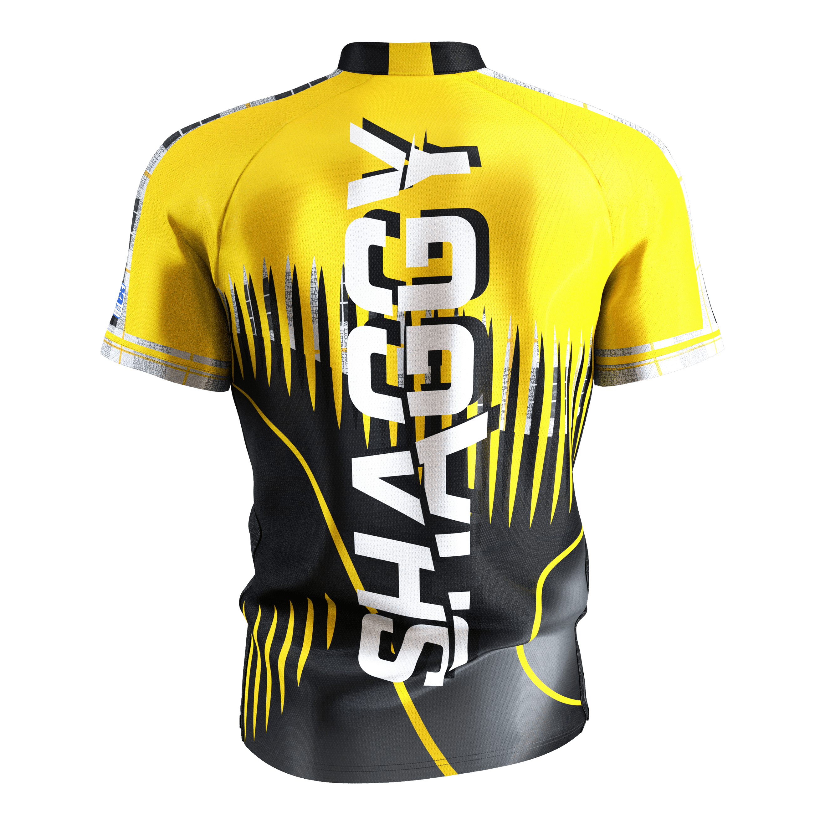 Maillot de fléchettes Target Coolplay Scott Williams 2025 Das Bild zeigt ein gelb-schwarzes Dartshirt mit dem großen weißen Schriftzug "SHAGGY" auf der Rückseite. Das Shirt hat ein auffälliges, modernes Design mit dynamischen Linien und Mustern.