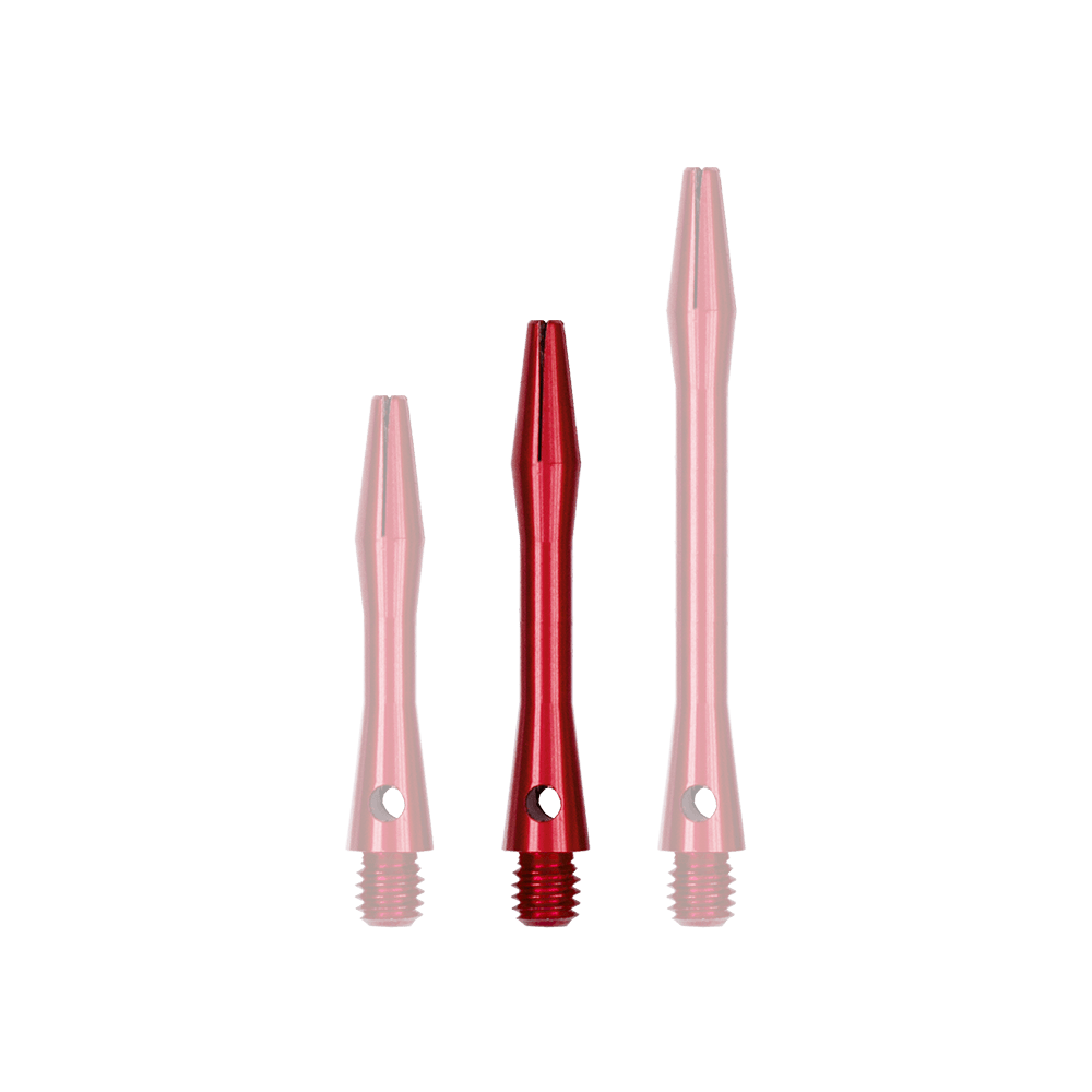 507_Aluminium_Shafts_Rot_35mm_1pOfGtsFVm4RpY Das Bild zeigt drei rote Aluminiumschäfte in unterschiedlichen Längen. Sie haben ein Gewinde an einem Ende und eine schmale Spitze am anderen Ende.