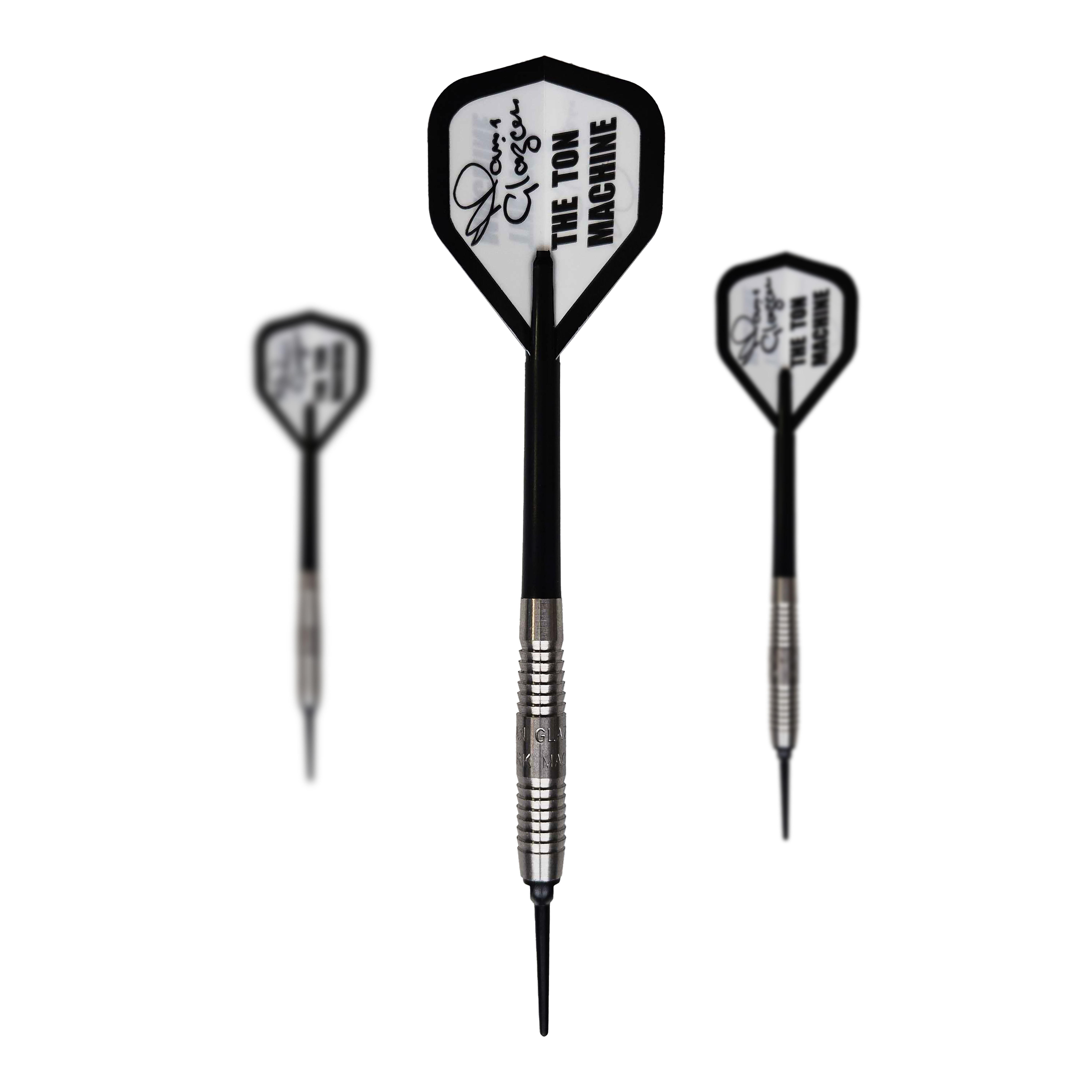 McKicks Alam Glazier Shark Machine Fléchettes souples Das Bild zeigt drei Softdarts des Produkts "McKicks Alam Glazier Shark Machine". Die Darts haben silberne Griffe und weiße Flights mit der Aufschrift "THE TON MACHINE".