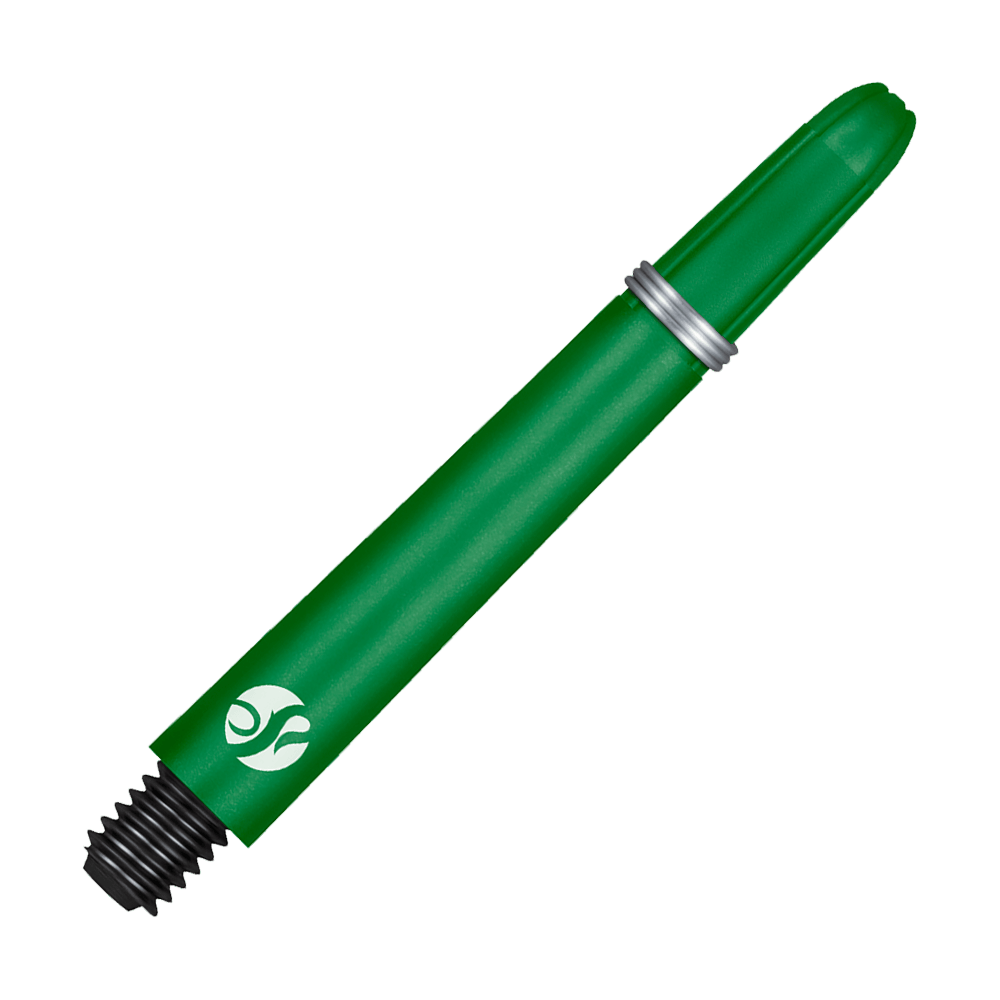 Tiges en carbone Shot Koi - Vertes Dies ist ein grüner Dart-Schaft mit einem Metallring und einem schwarzen Gewinde. Er hat ein weißes Logo am unteren Ende.