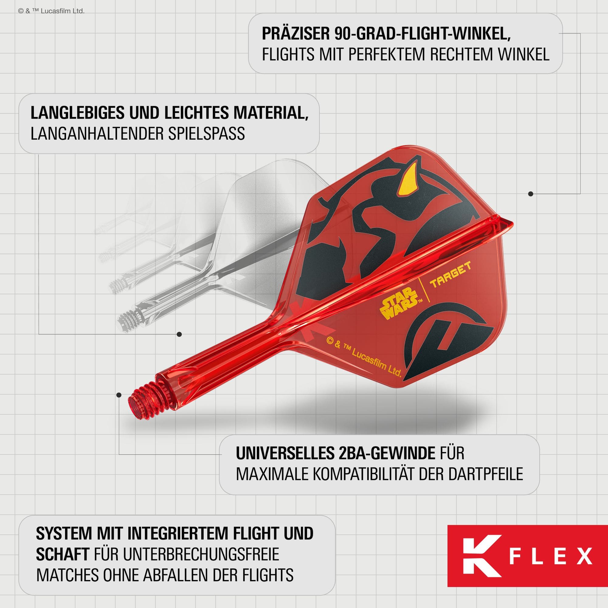 Target Star Wars K-Flex Darth Maul No2 Ailettes standard Auf dem Bild sieht man die Target Star Wars K-Flex Darth Maul No6 Flights. Die Dartflights zeigen ein Darth Maul Motiv aus dem Star Wars Universum.