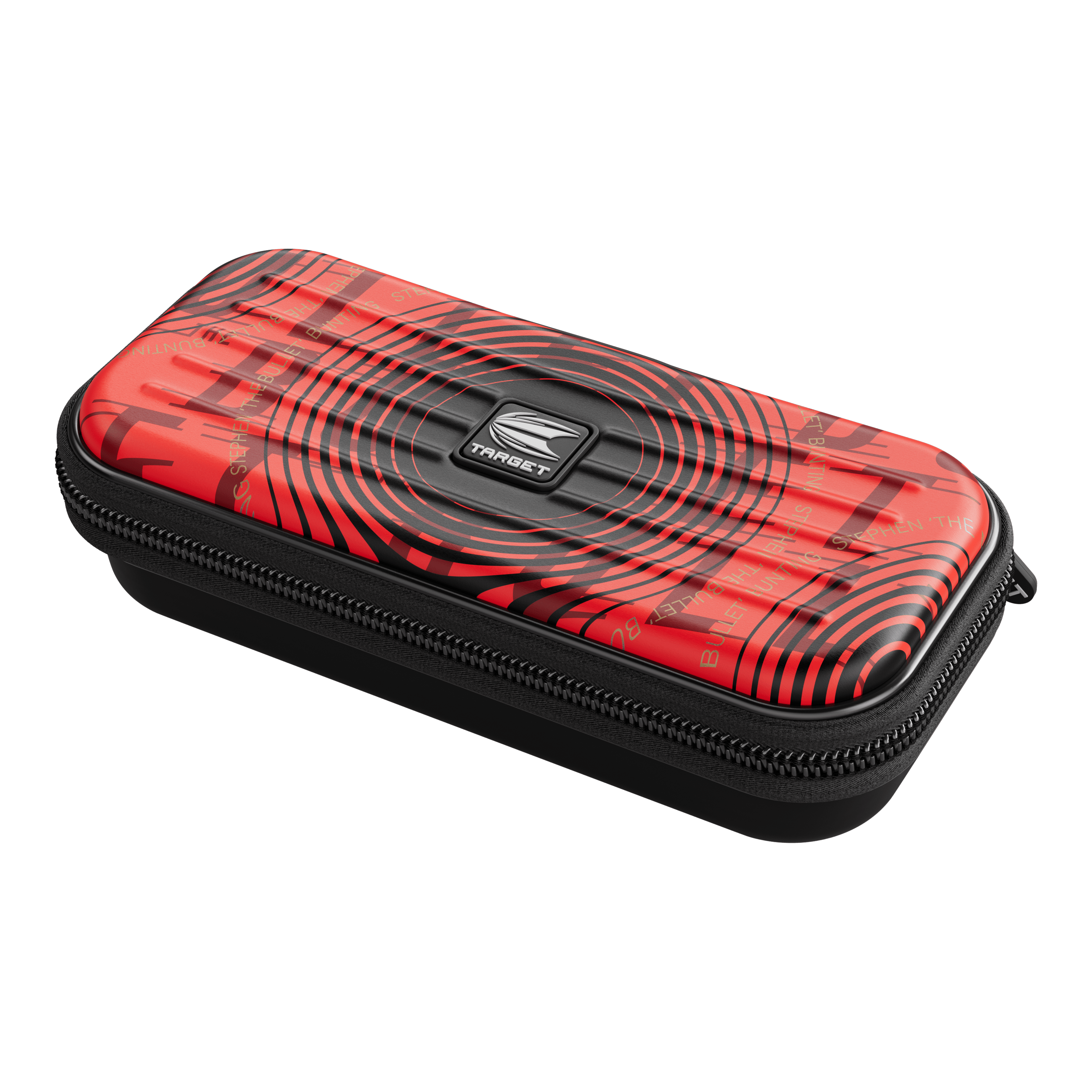 Étui à fléchettes Target Takoma Stephen Bunting Das Bild zeigt das Produkt "Target Takoma Stephen Bunting Dartcase". Das Etui ist rot mit schwarzen Kreisen und hat einen Reißverschluss.