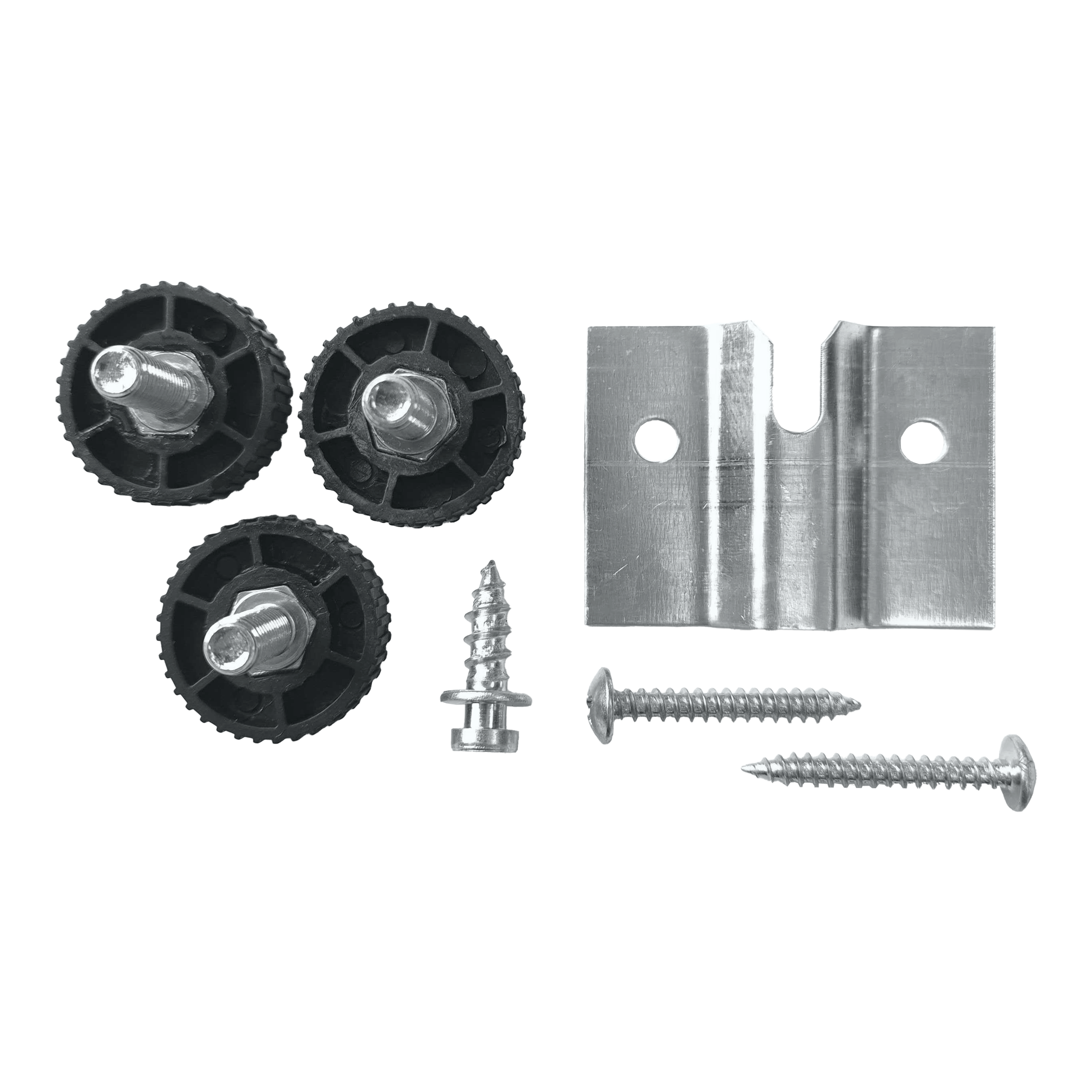 Support mural Winmau Rota-Lock Blade 6 Das Bild zeigt das Winmau Rota-Lock Blade 6 Wandhalterungs-Set mit drei schwarzen Einstellrädern, einer Metallhalterung und Schrauben. Diese Teile werden verwendet, um ein Dartboard sicher an der Wand zu befestigen.