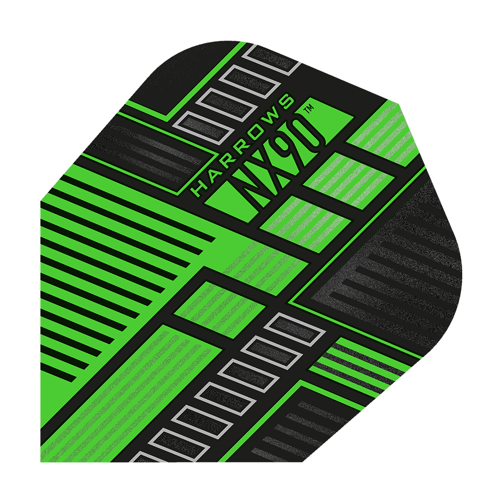 HR49_Harrows_Prime_NX90_Green_No6_Flights_1ro0TifX8aStsG Das Bild zeigt ein Harrows Prime NX90 Green Flight für Darts. Das Flight ist hauptsächlich schwarz und grün mit einem modernen, geometrischen Muster.