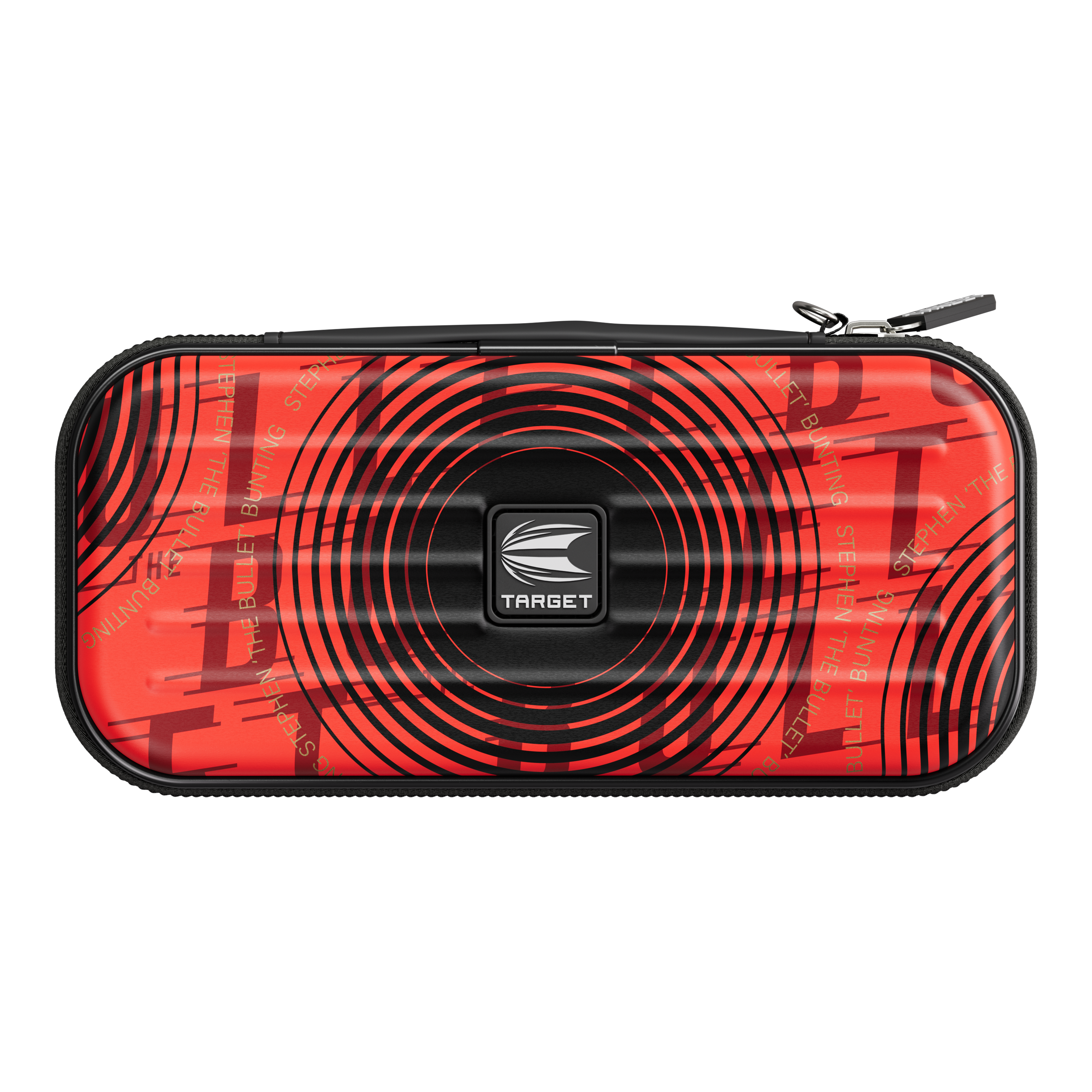 Étui à fléchettes Target Takoma Stephen Bunting Das Bild zeigt das Target Takoma Stephen Bunting Dartcase in einem auffälligen roten Design mit schwarzen Kreisen. In der Mitte befindet sich das Target-Logo und das Etui hat einen Reißverschluss.