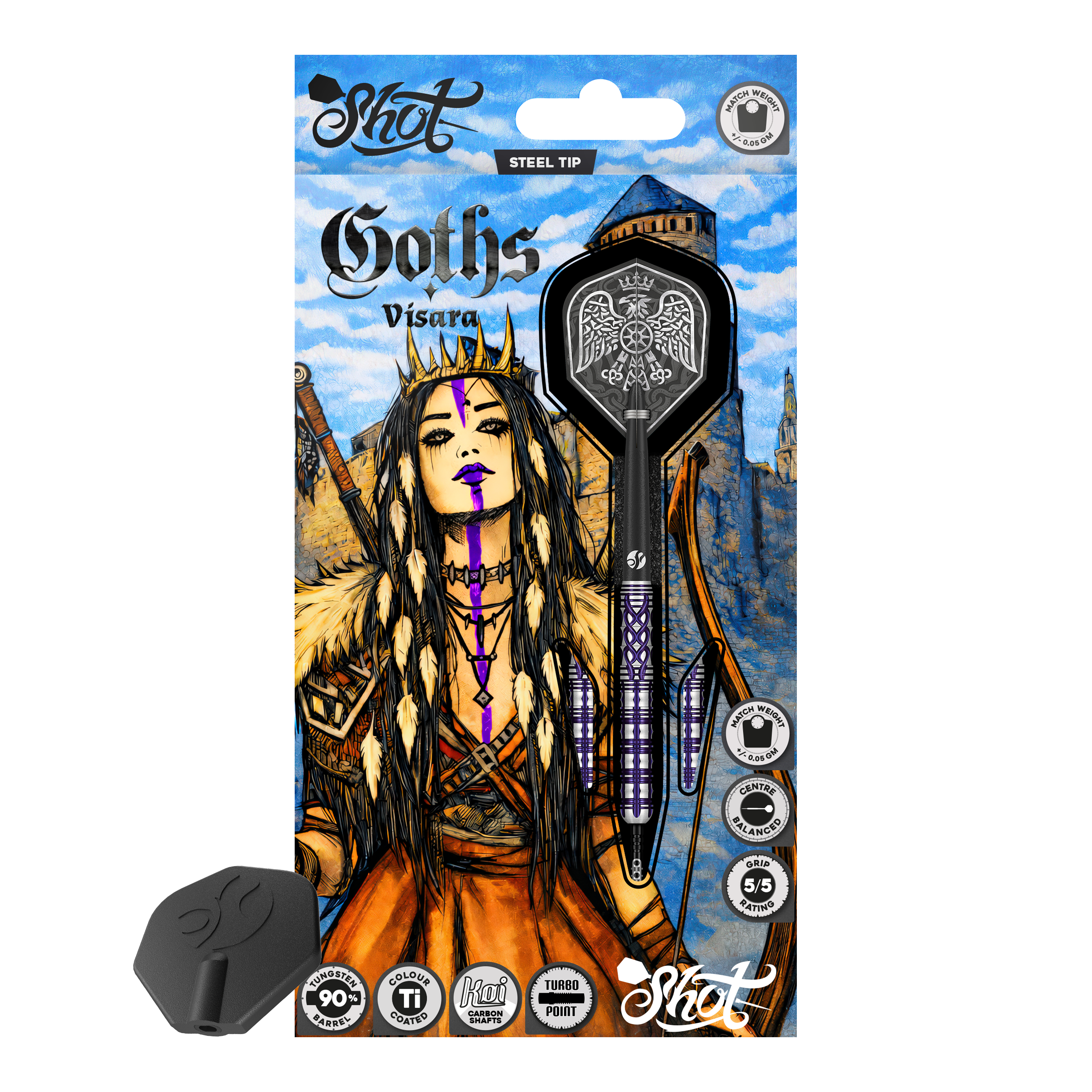 Fléchettes en acier Shot Goths Visara Turbo Point - 23 g Abgebildet sind die Shot Goths Visara Turbo Point Steeldarts mit einem Gewicht von 23 Gramm. Diese hochwertigen Darts bieten ein elegantes Design und eine ausgezeichnete Flugeigenschaft.