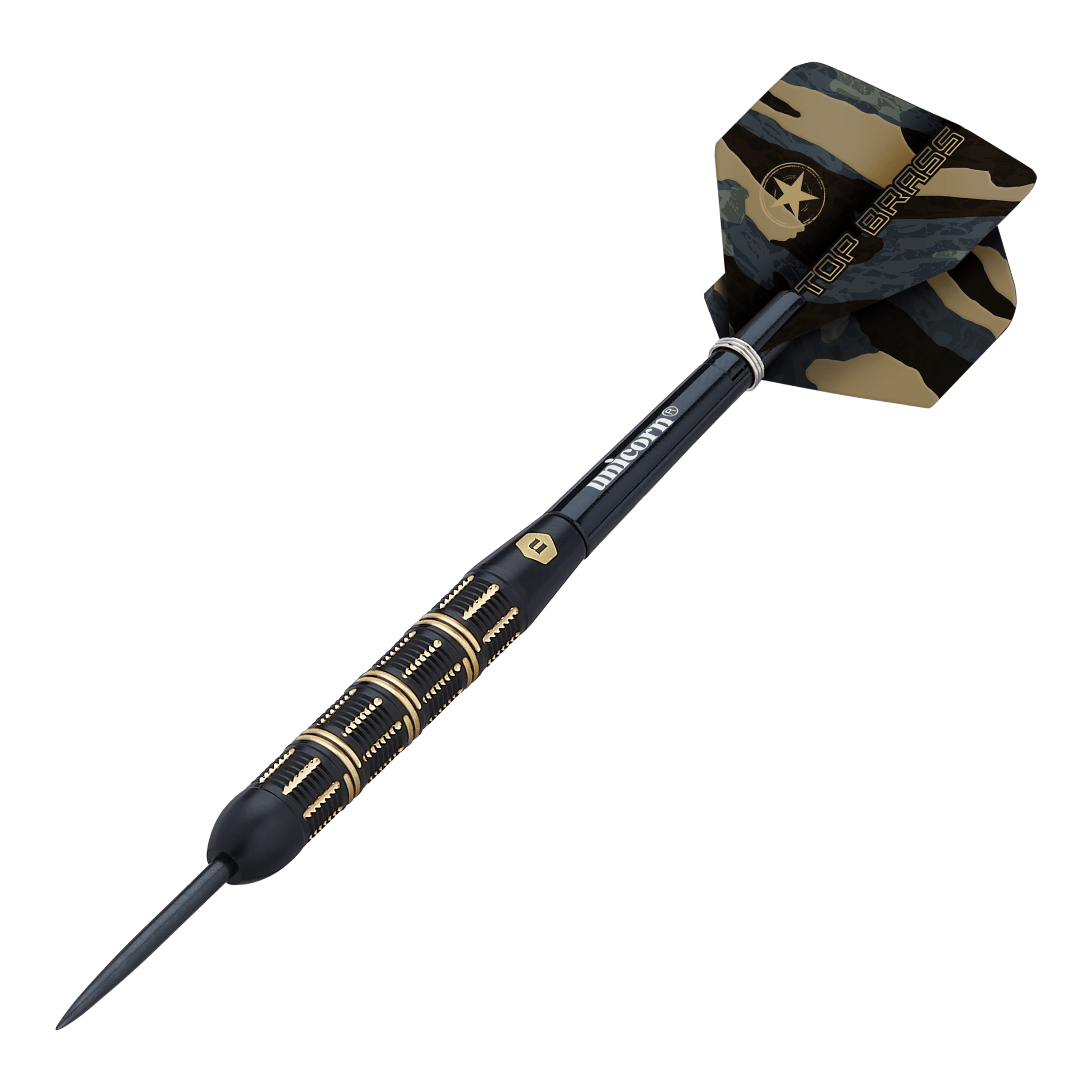 Dies ist ein Steeldart der Marke Unicorn, Modell Top Brass V3 mit einem Gewicht von 21 Gramm. Der Dart hat ein schwarz-goldenes Design mit einer Tarnmuster-Flügel.