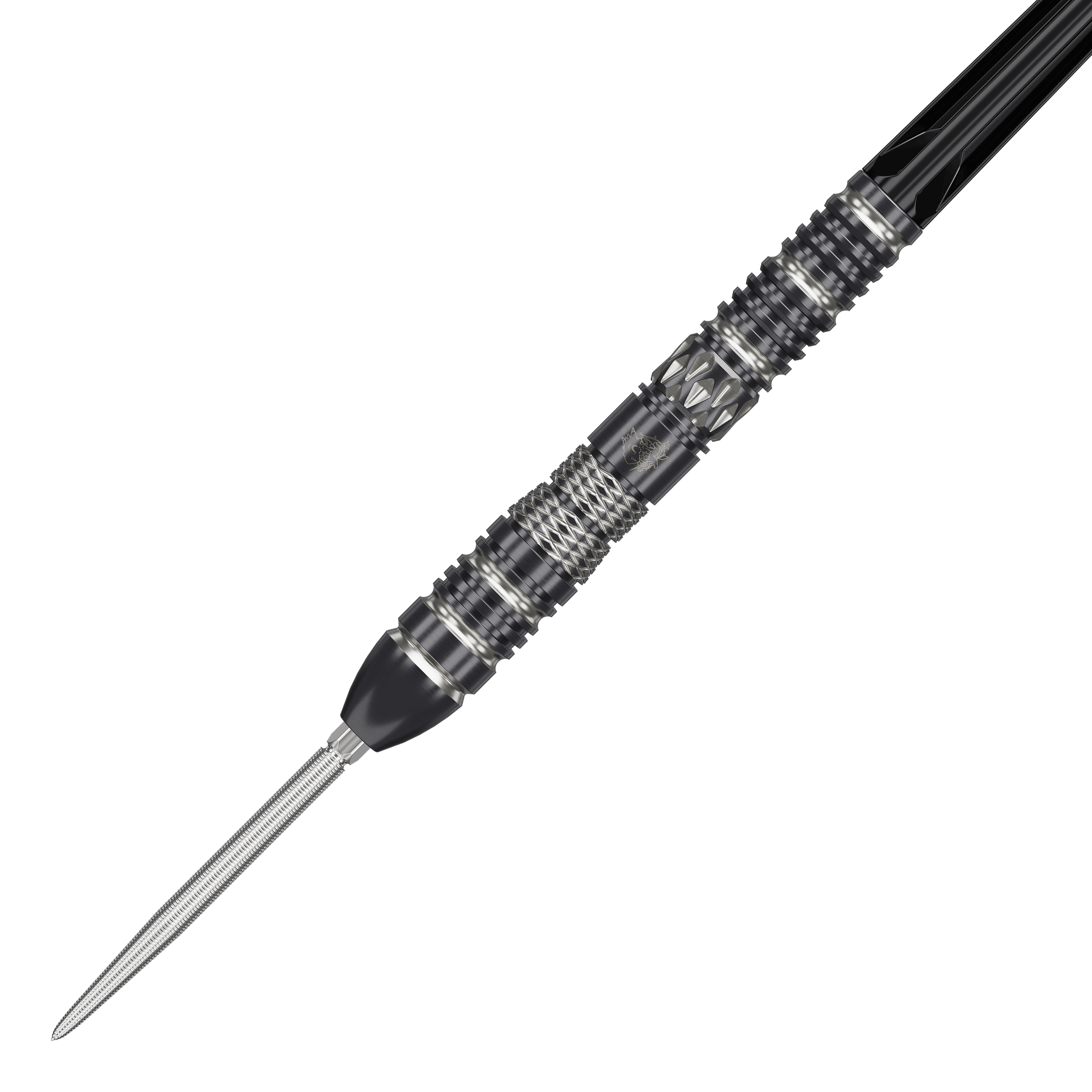 Fléchettes en acier Target Black Marque Dragon 3 Swiss Point Das Bild zeigt einen hochwertigen Steeldart mit schwarzem und silbernem Design. Der Dart hat eine markante, strukturierte Griffzone und eine spitze Metallspitze.