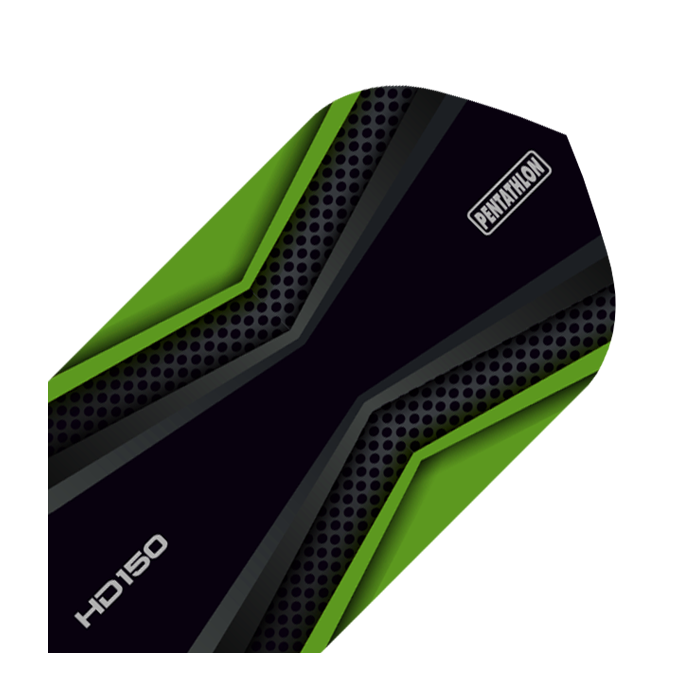 HD-39-HD150-Pentathlon-Green-Black-Flights Das Bild zeigt einen HD 150 Pentathlon Dart Flight in schlanker Form. Das Design ist in Schwarz und Grün gehalten, mit auffälligen grafischen Elementen.