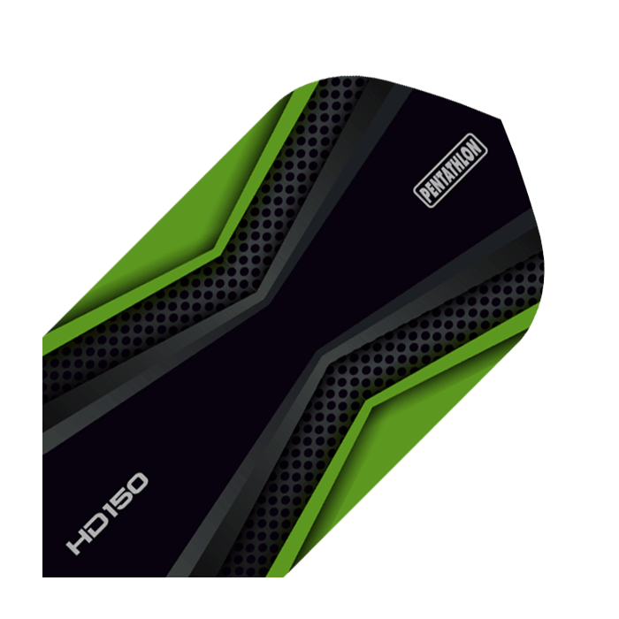 HD-39-HD150-Pentathlon-Green-Black-Flights HD 150 Pentathlon Flights Black/Green Slim. Das Foto zeigt schlanke Dartflights mit kontrastierendem Muster.