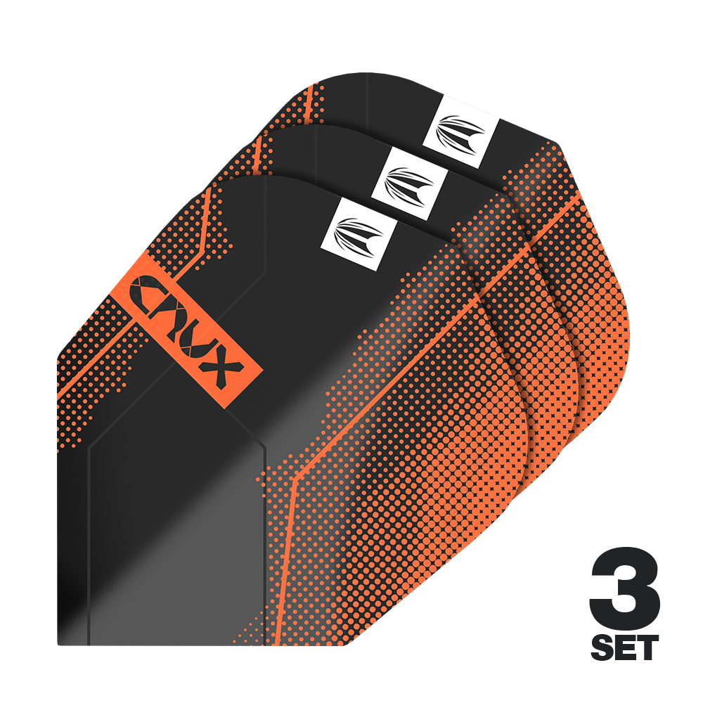 Ailettes Target Pro Ultra Crux n° 6 - 3 jeux - 3 jeux Das Bild zeigt drei Sätze Target Pro Ultra Crux No6 Flights. Die Flights sind schwarz mit orangefarbenen Akzenten und dem Schriftzug "CRUX".