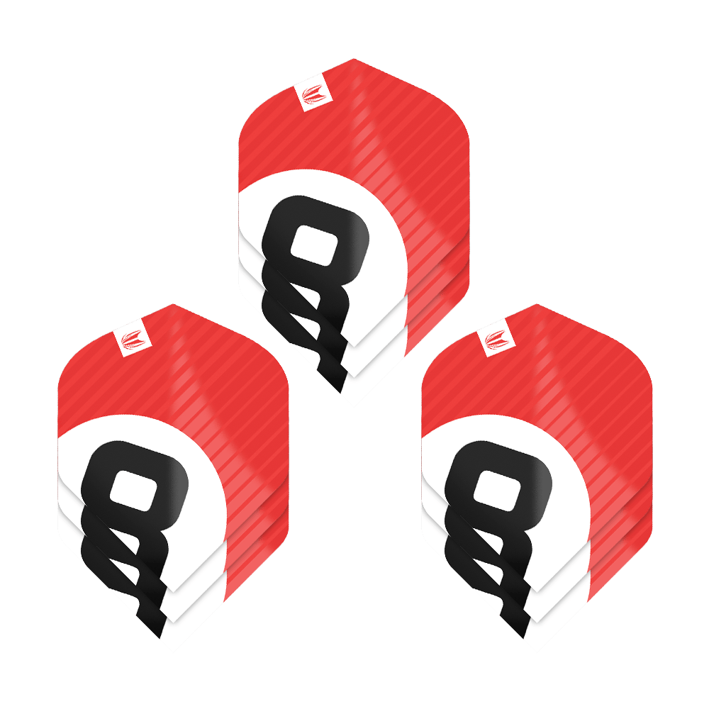 Das Bild zeigt drei Sätze der Target Pro Ultra Chicane Red No2 Standard Flights. Die Flights sind rot mit einem weißen Kreis und einer großen schwarzen Zahl in der Mitte gestaltet.