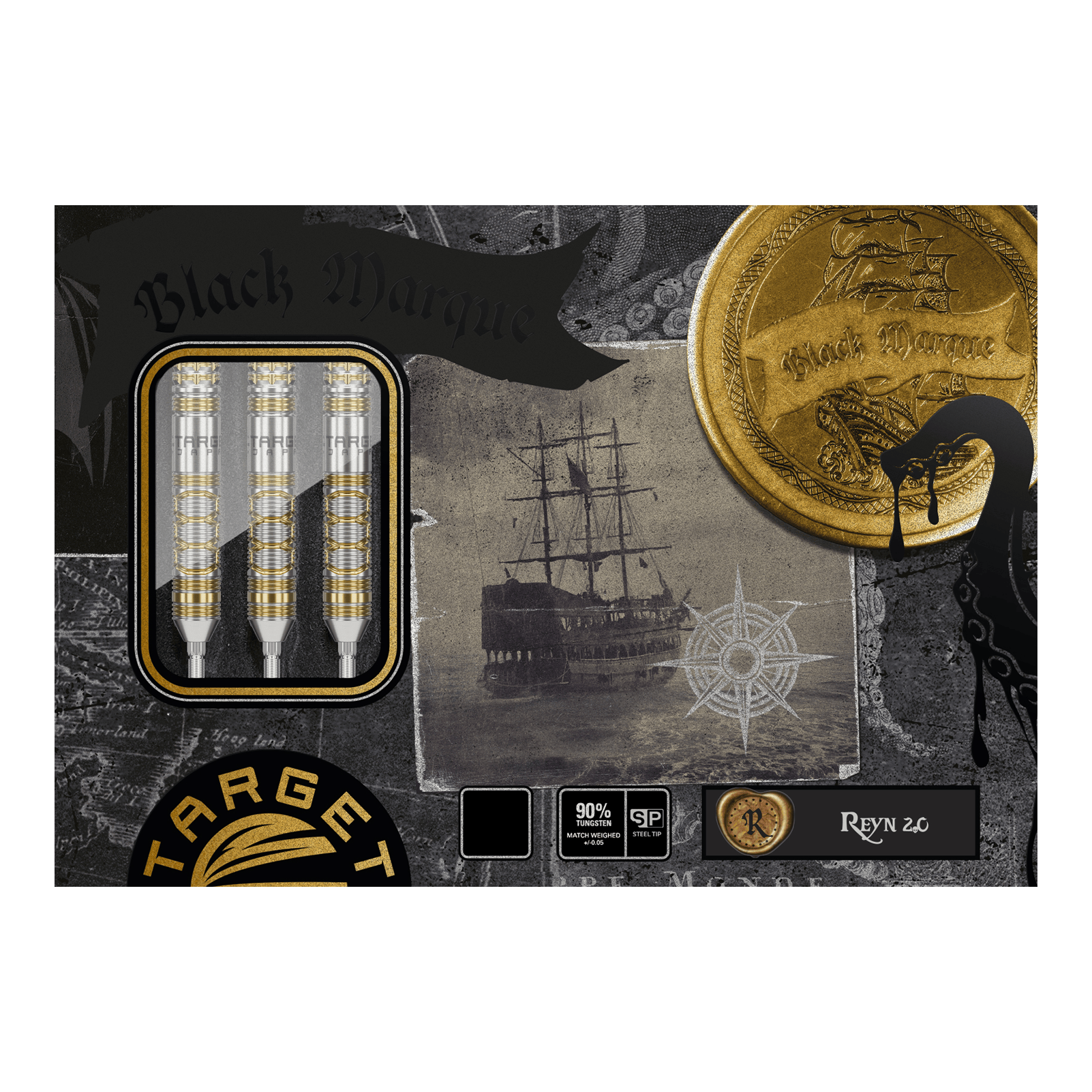 Fléchettes en acier Target Japan Black Marque Reyn GEN2 Die Abbildung zeigt die "Target Japan Black Marque Reyn GEN2 Steeldarts" in einer ansprechend gestalteten Verpackung. Auf der Verpackung sind drei Darts, ein Segelschiff und goldene Münzen abgebildet.
