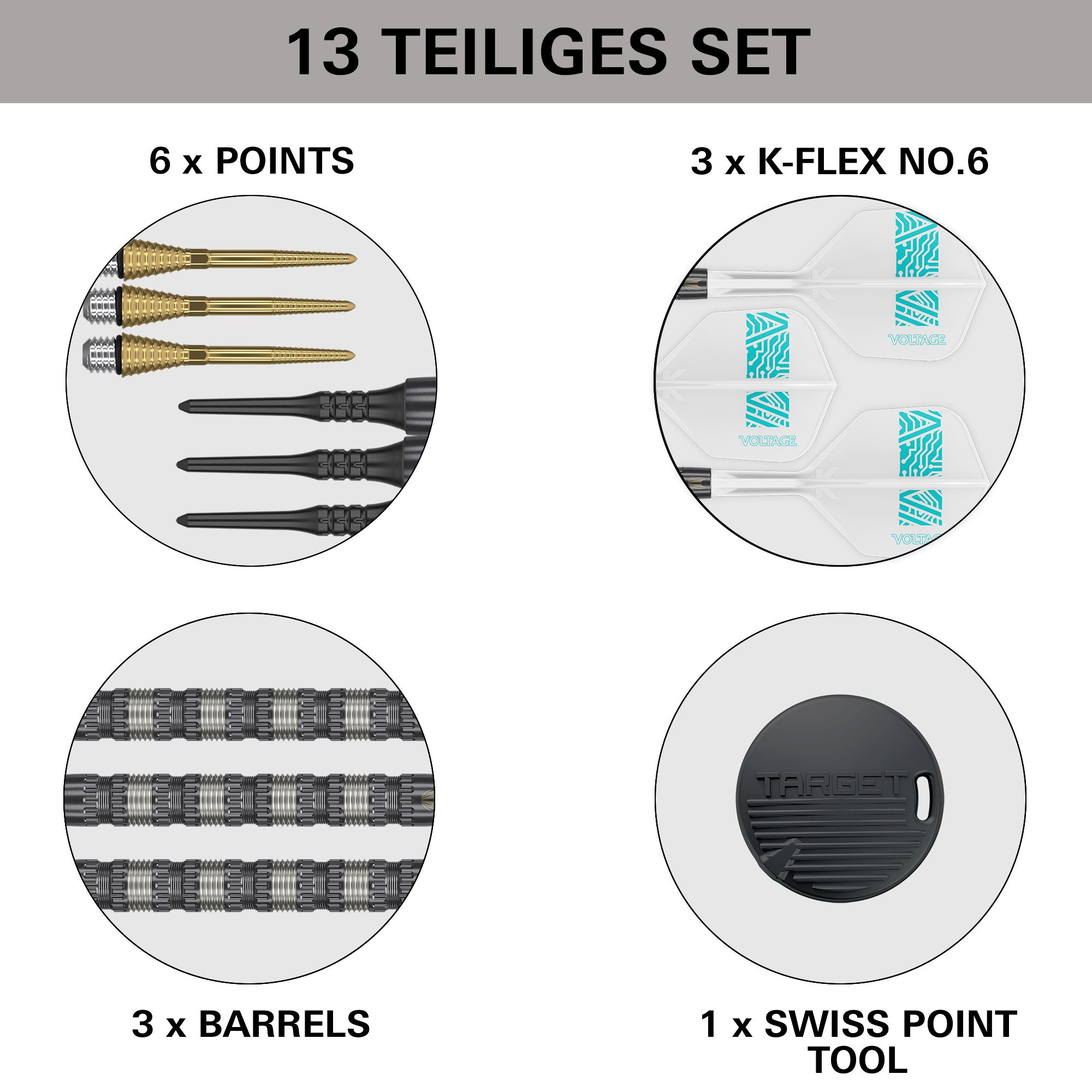 Fléchettes souples Target Rob Cross 95K Swiss Point - 18 g Dieses Bild zeigt den Lieferumfang des "Target Rob Cross 95K Swiss Point Softdarts - 18g" Sets. Enthalten sind 6 Spitzen, 3 Flights, 3 Barrels und 1 Swiss Point Tool.