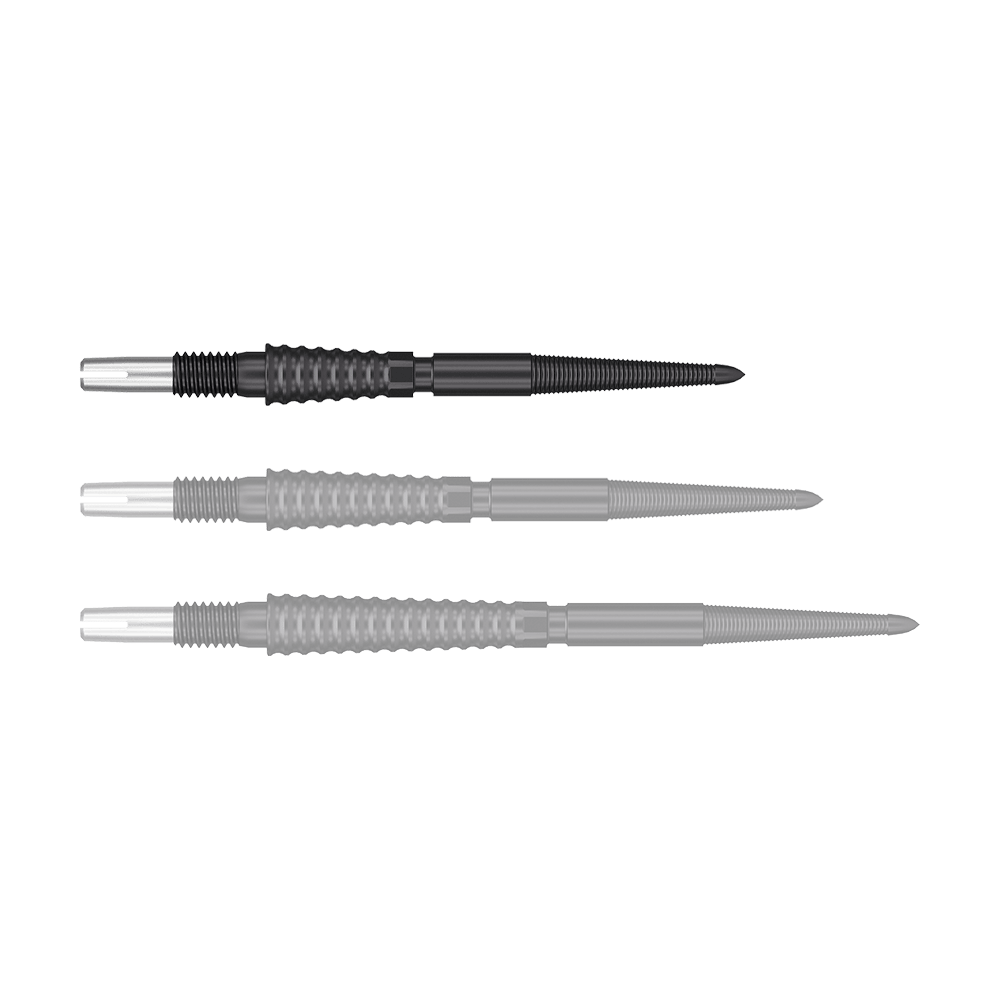 Pointes de fléchettes Target Swiss Storm LNC - Noires Das Bild zeigt drei schwarze Dartspitzen, die nebeneinander liegen. Jede Spitze hat einen silbernen Schaft und eine geriffelte Griffzone.
