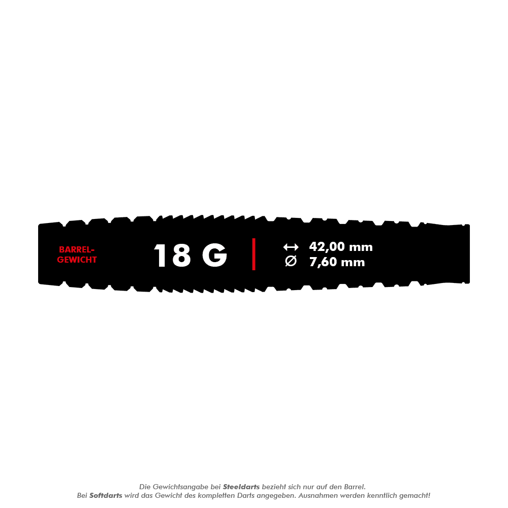 Fléchettes souples Target Japan Black Marque Phantom - 18 g Das Bild zeigt die Produktspezifikationen der Target Japan Black Marque Phantom Softdarts mit einem Gewicht von 18 Gramm. Der Barrel ist 42,00 mm lang und hat einen Durchmesser von 7,60 mm.