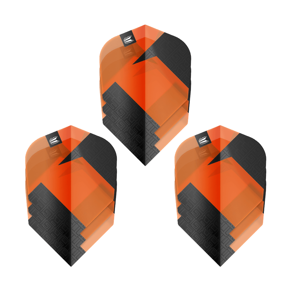 Ailettes standard Target Pro Ultra TAG Orange n° 6 - 3 jeux Das Bild zeigt drei Sätze Target Pro Ultra TAG Orange No6 Standard Flights. Die Flights sind orange und schwarz mit einem modernen, geometrischen Design.