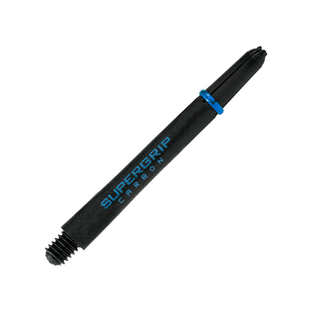 Das Bild zeigt einen Harrows Supergrip Carbon Shaft in der Farbe Aqua. Der Schaft ist schwarz mit blauer Aufschrift und einem blauen Ring.