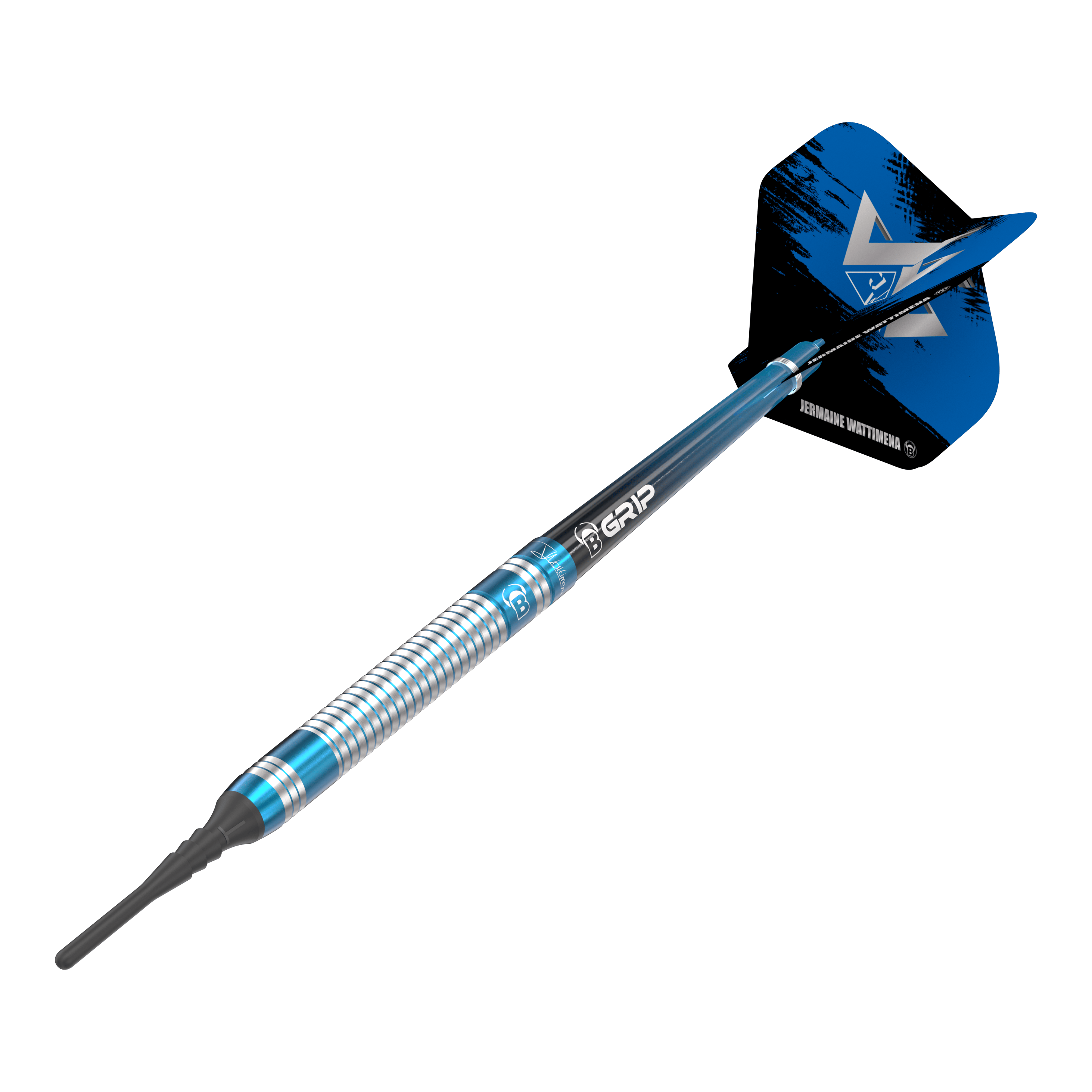 Fléchettes souples Bulls Jermaine Wattimena Génération 3 - 20 g Das Bild zeigt einen Bulls Jermaine Wattimena Generation 3 Softdart mit einem Gewicht von 20g. Der Dart hat ein silbernes und blaues Design mit schwarzem Flight.
