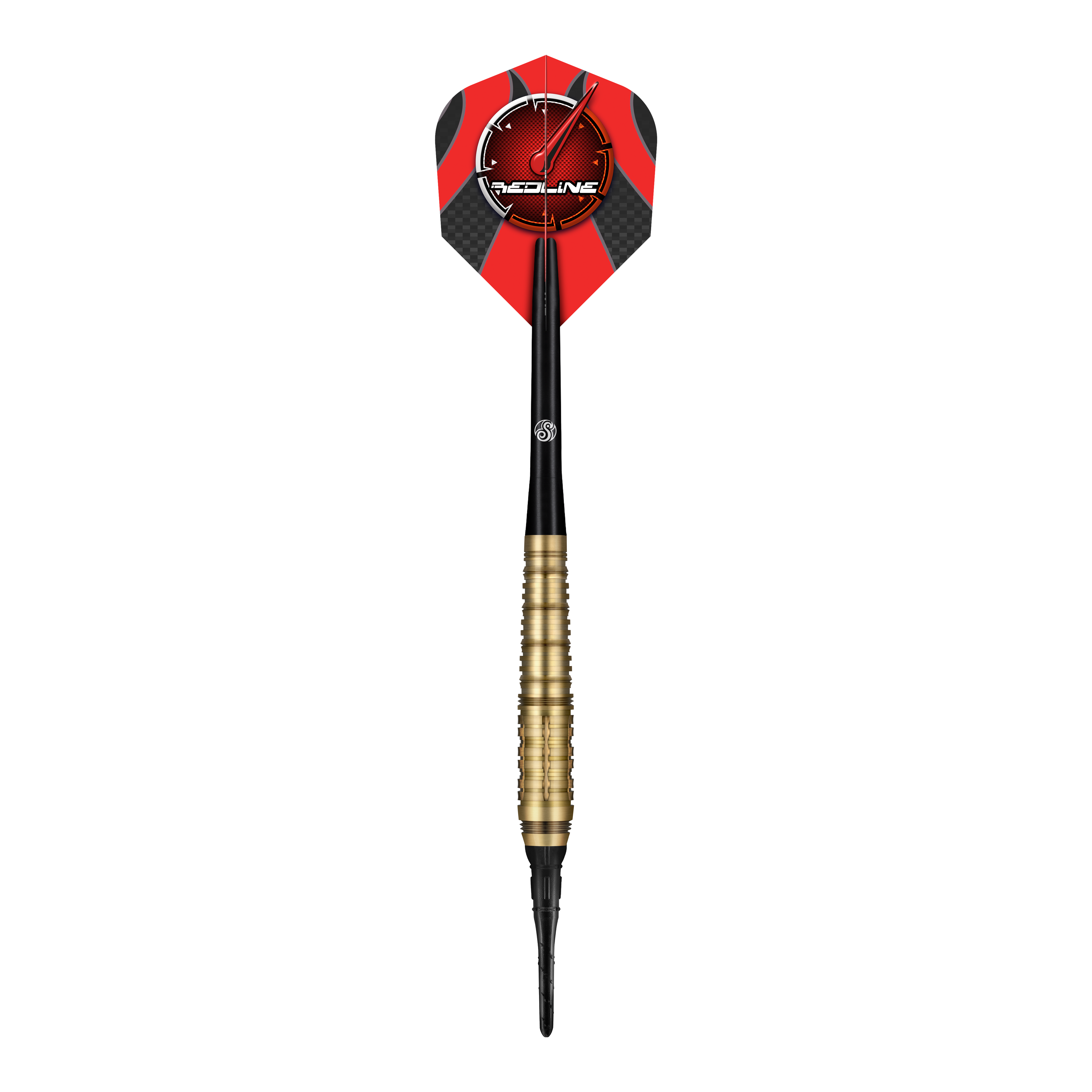 Fléchettes souples Shot Redline Mach 1 - 20 g Das Bild zeigt einen Shot Redline Mach 1 Softdart mit einem Gewicht von 20g. Der Dart hat einen goldenen Griffbereich, einen schwarzen Schaft und eine rote Flights mit dem Redline-Logo.