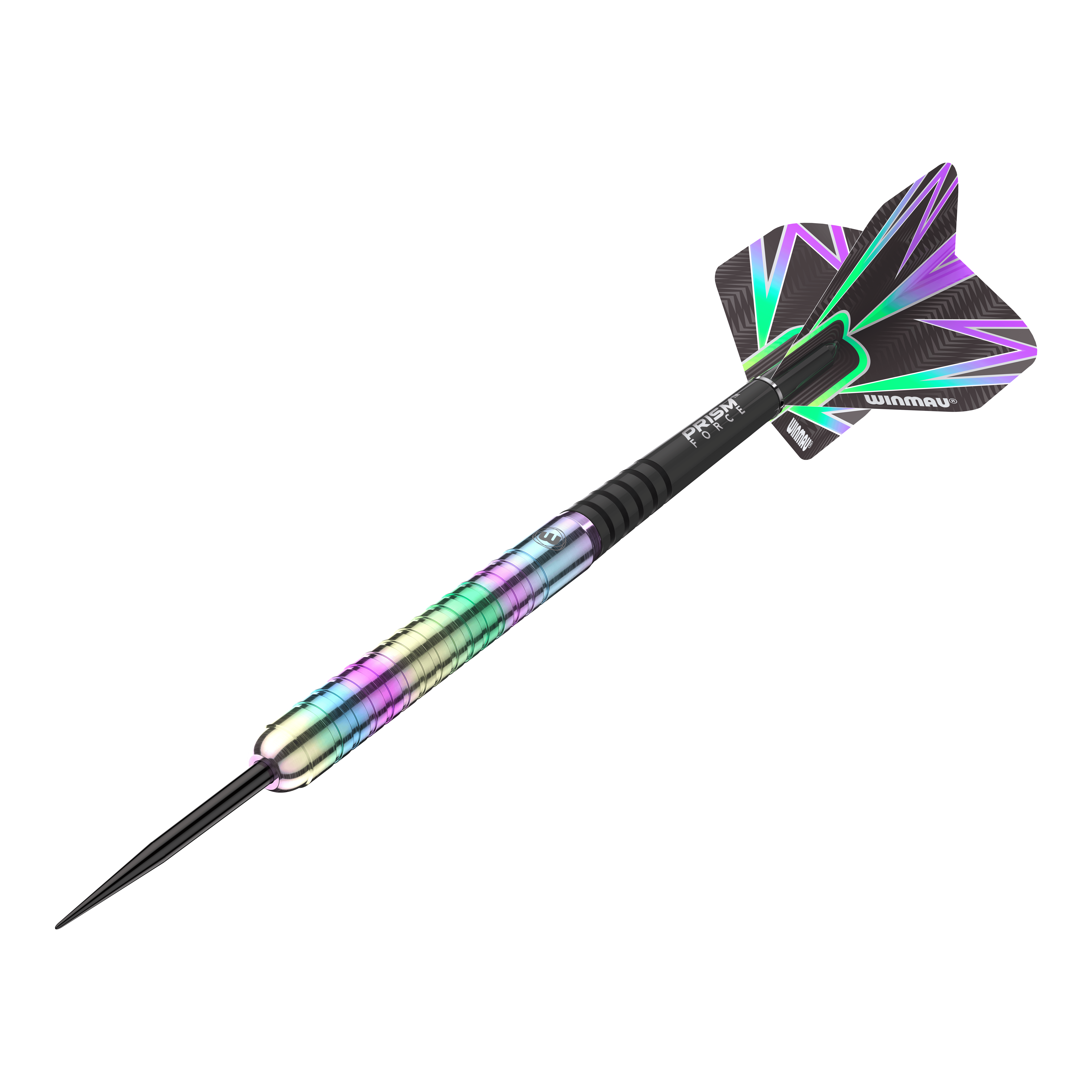 Fléchettes en acier Winmau Foxfire Urban Das Bild zeigt einen Winmau Foxfire Urban Steeldart mit einem bunten, metallischen Schaft. Die Flights sind schwarz mit auffälligen, farbigen Mustern.