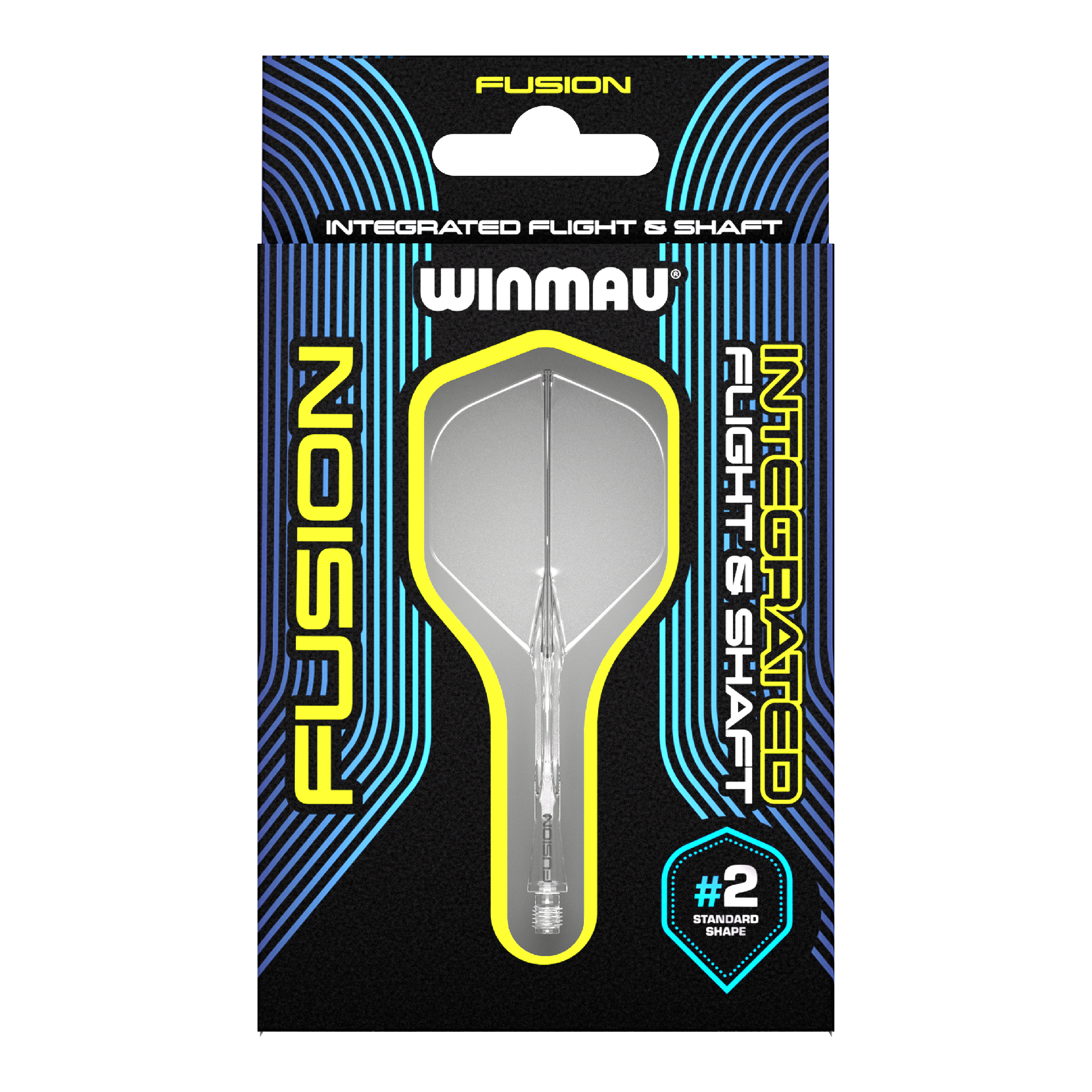 Système d'arbre de vol Winmau Fusion Standard Clear Auf dem Bild ist ein Winmau Fusion Flight & Shaft System in einer Verpackung zu sehen. Das Produkt ist durchsichtig und hat die Standardform #2.