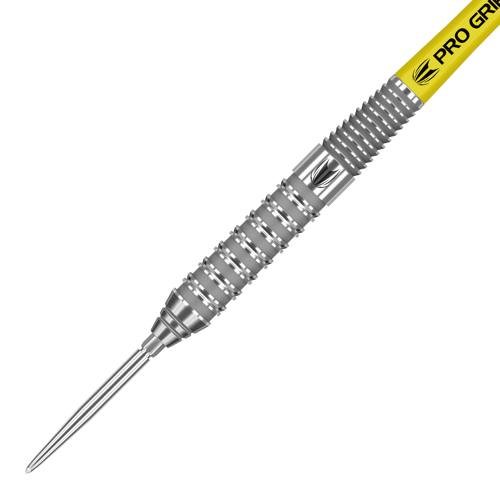 190054_Target_Bolide_02_Swiss_Point_Steeldarts_2 Das Bild zeigt den Target Bolide 02 Swiss Point Steeldart. Der Dartpfeil hat eine silberne, gerändelte Oberfläche und einen gelben Schaft mit der Aufschrift "Pro Grip".