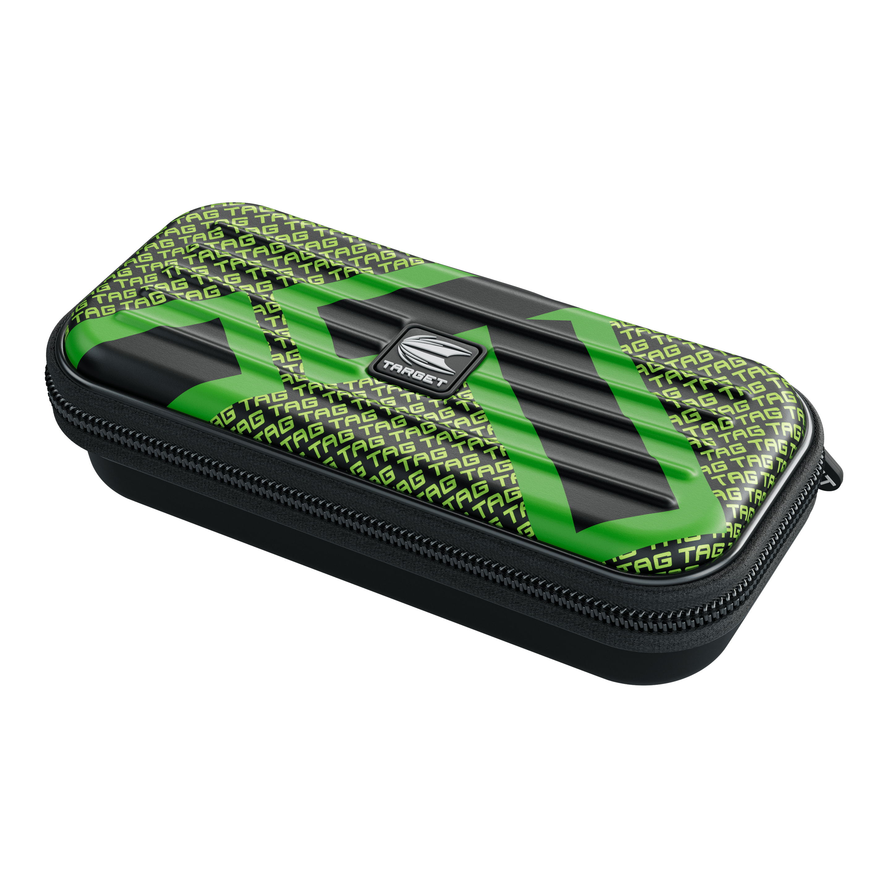 Étui à fléchettes Target Takoma TAG Das Bild zeigt ein rechteckiges Etui mit Reißverschluss, das vorwiegend schwarz und grün ist. Auf dem Etui steht mehrfach das Wort "TAG" und in der Mitte befindet sich ein silbernes "TARGET"-Logo.