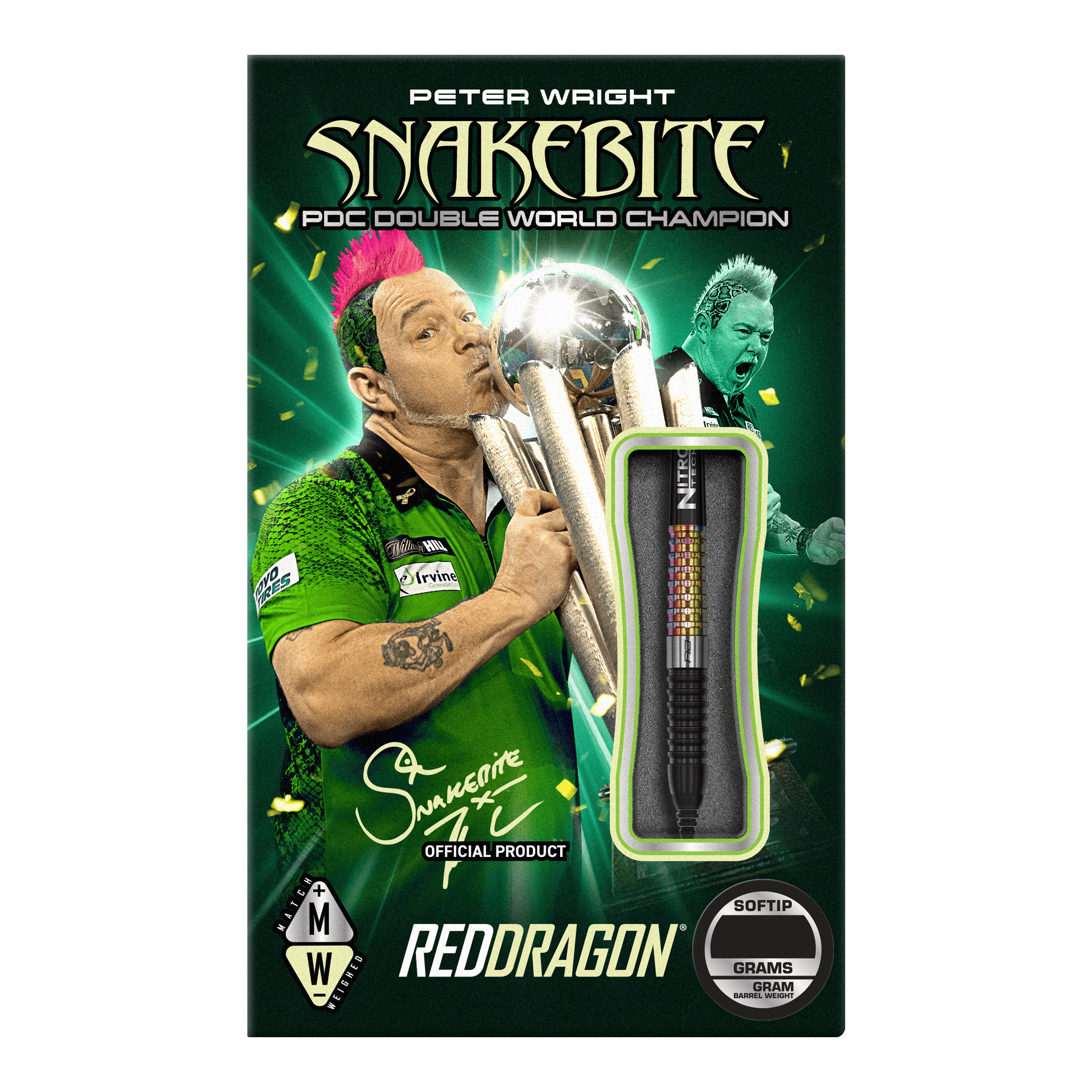 Fléchettes souples Red Dragon Peter Wright Corra - 18 g Auf der Verpackung ist der Dartspieler Peter Wright mit einer Trophäe abgebildet. Das Produkt sind die "Red Dragon Peter Wright Corra Softdarts - 18g" mit Softspitze.