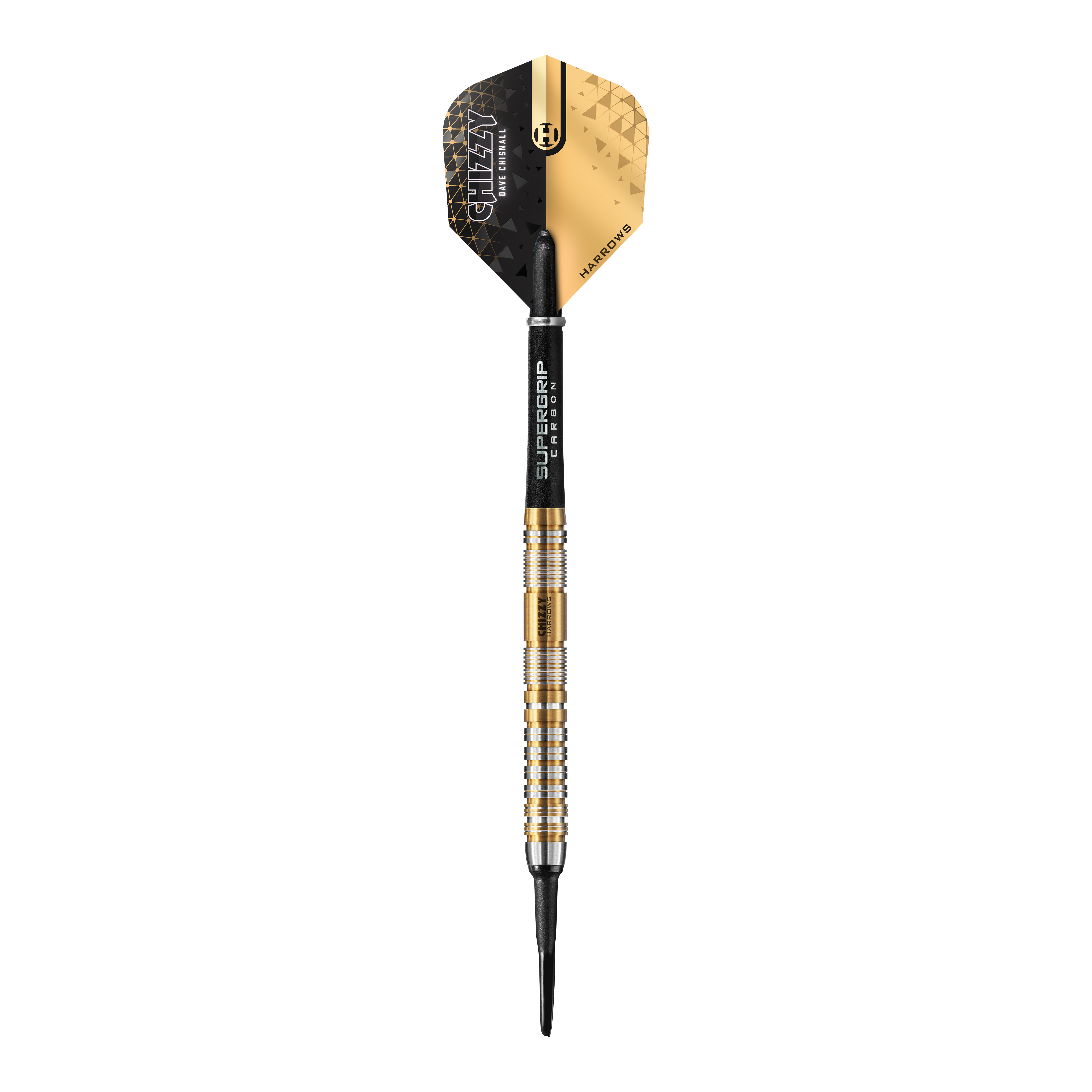 Fléchettes souples Dave Chisnall Chizzy Series 2 de Harrow Das Bild zeigt einen Harrows Dave Chisnall Chizzy Series 2 Softdart. Der Dart hat ein modernes schwarzes und goldenes Design mit silbernen und goldenen Ringen am Barrel.