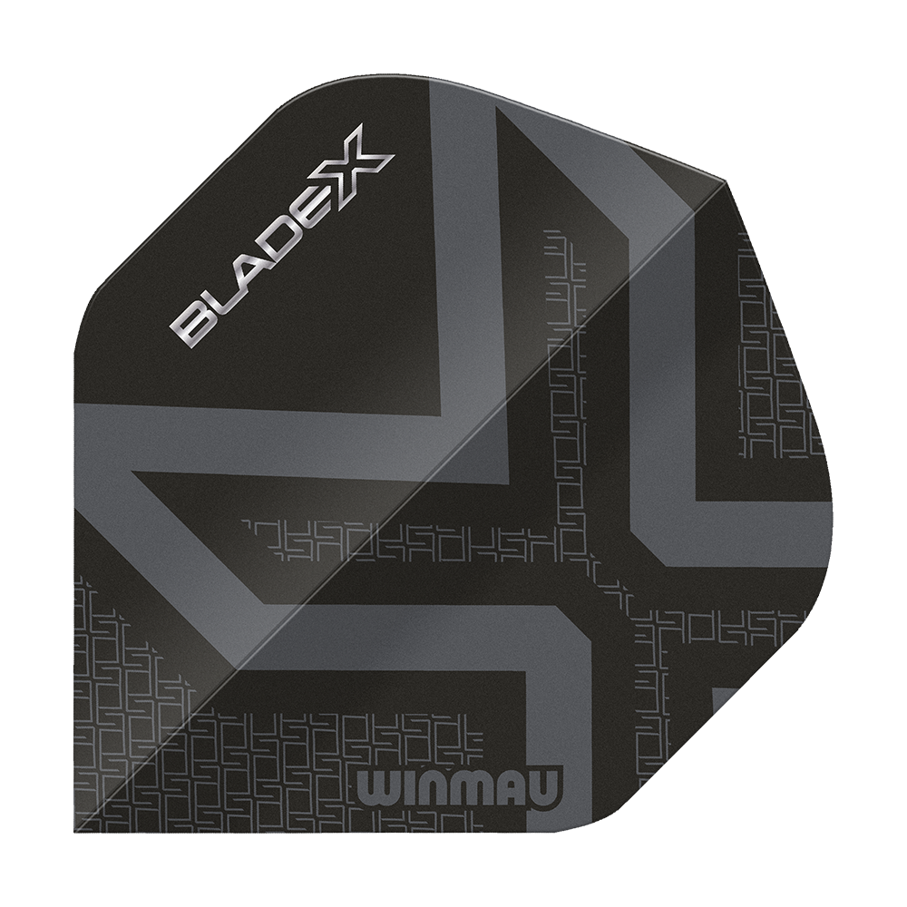 Ailettes standard Winmau Prism Delta Blade X Noir Métallisé n° 2 Dies ist ein Winmau Prism Delta Blade X Metallic Black No2 Standard Flights. Man sieht ein hochwertiges Dartflugblatt in schwarzem Metall-Look.