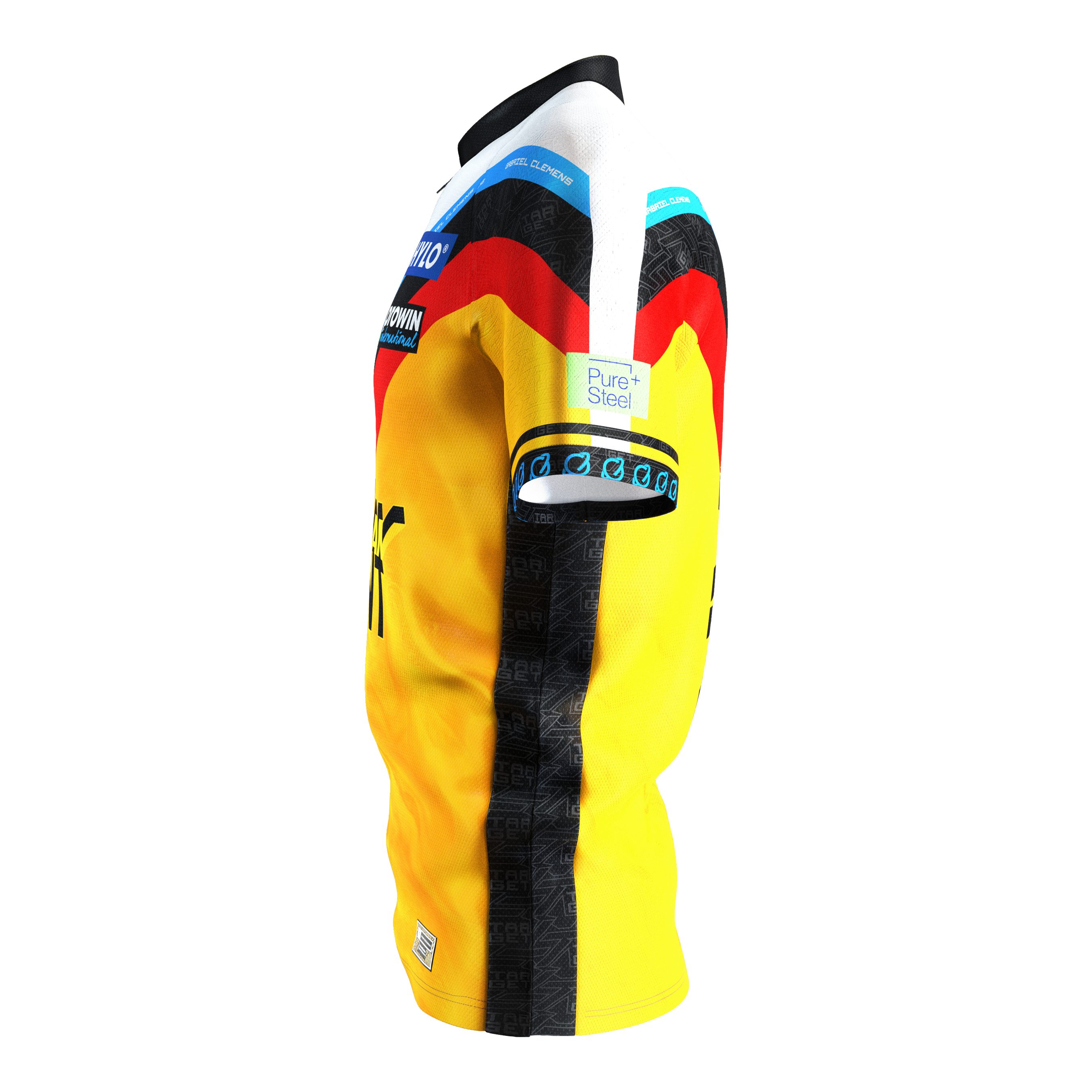 Maillot de fléchettes Target Coolplay Gabriel Clemens 2025 Das Bild zeigt das Target Coolplay Gabriel Clemens 2025 Dartshirt. Das Shirt ist überwiegend gelb mit schwarzen und roten Akzenten sowie Sponsorenlogos.