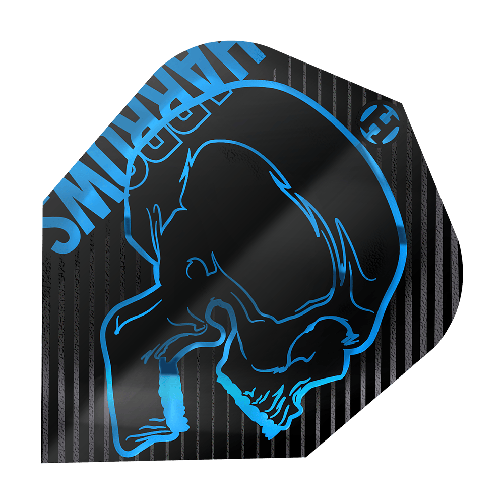 Harrows Rage Aqua No. 6 Vols Das Bild zeigt ein Dartflight mit dem Namen "Harrows Rage Aqua No6 Flights". Auf dem schwarzen Flight ist ein blauer Totenkopf und das HARROWS-Logo abgebildet.