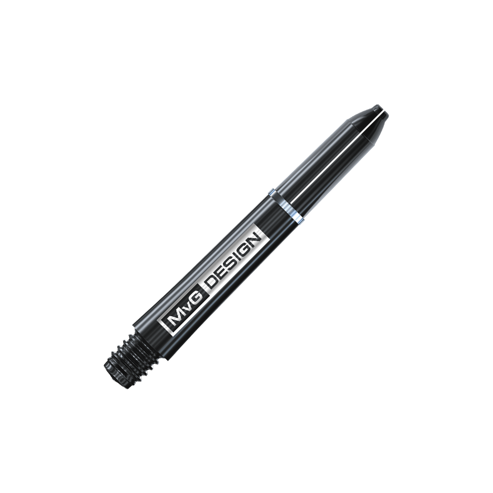 Das Bild zeigt einen schwarzen Dart-Schaft mit der Aufschrift "MvG DESIGN". Es handelt sich um den Winmau Nylon Ring Grip MvG Design Black Shaft.