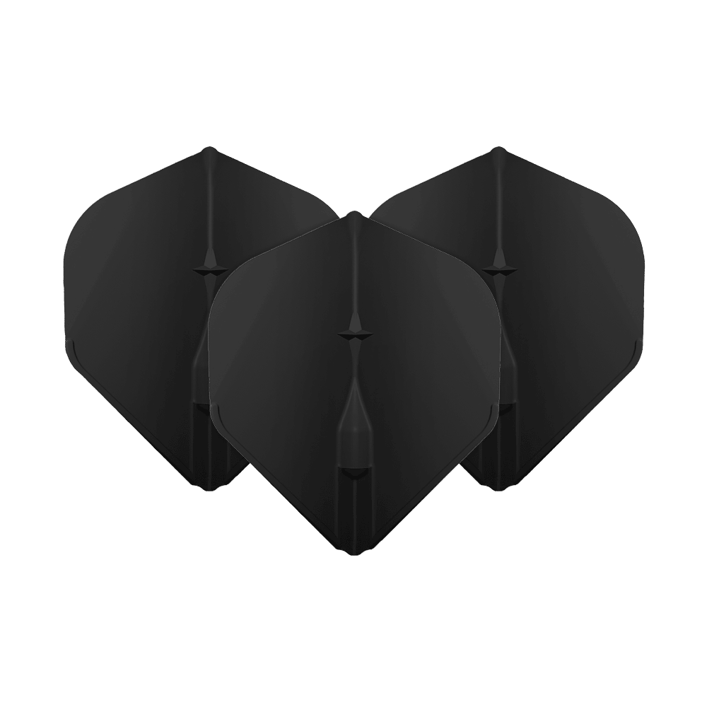 Vols standard L-Style Champagne L1EZ Das Bild zeigt drei schwarze L-Style Champagne L1EZ Standard Flights. Diese Flights sind für Dartpfeile geeignet und haben eine klassische Standardform.